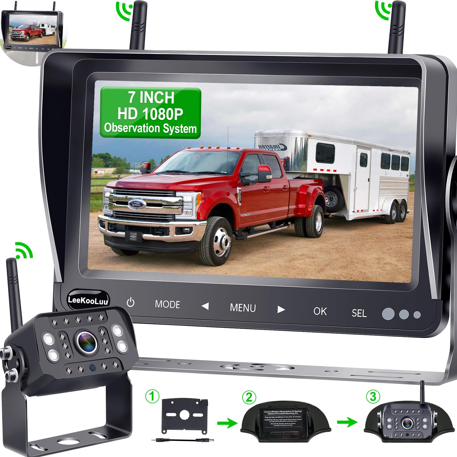 LeeKooLuuRV Backup Camera Wireless HD 1080P 7'' Touch Key DVR Monitor Digital Signals IP69 Waterproof Night Vision Rear View System for Trailer Truck