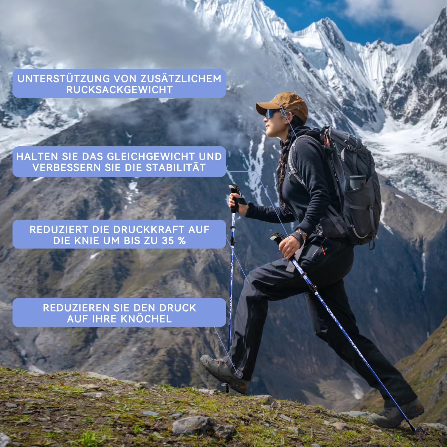 DOBESTS Wanderstöcke, Nordic Walking Stöcke Aluminium, mit extra Gummipuffer und Tragebeutel, Faltbare Leichte Trekkingstöcke für Damen und Herren, Wanderstock Verstellbar 110cm-130cm