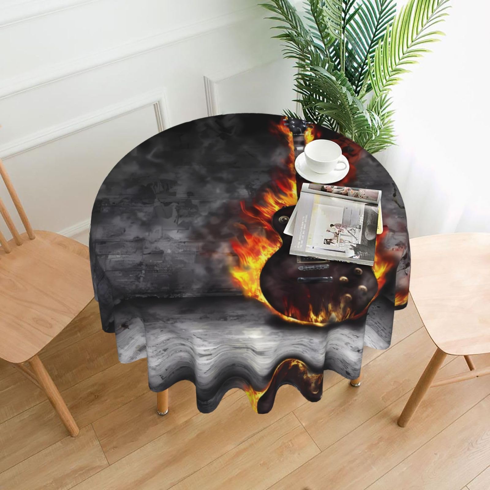 WHJSHOP burning guitar Prints Round Decorative Throw – 60in Stylish Table Cover for Dining, Parties & Outdoor Events