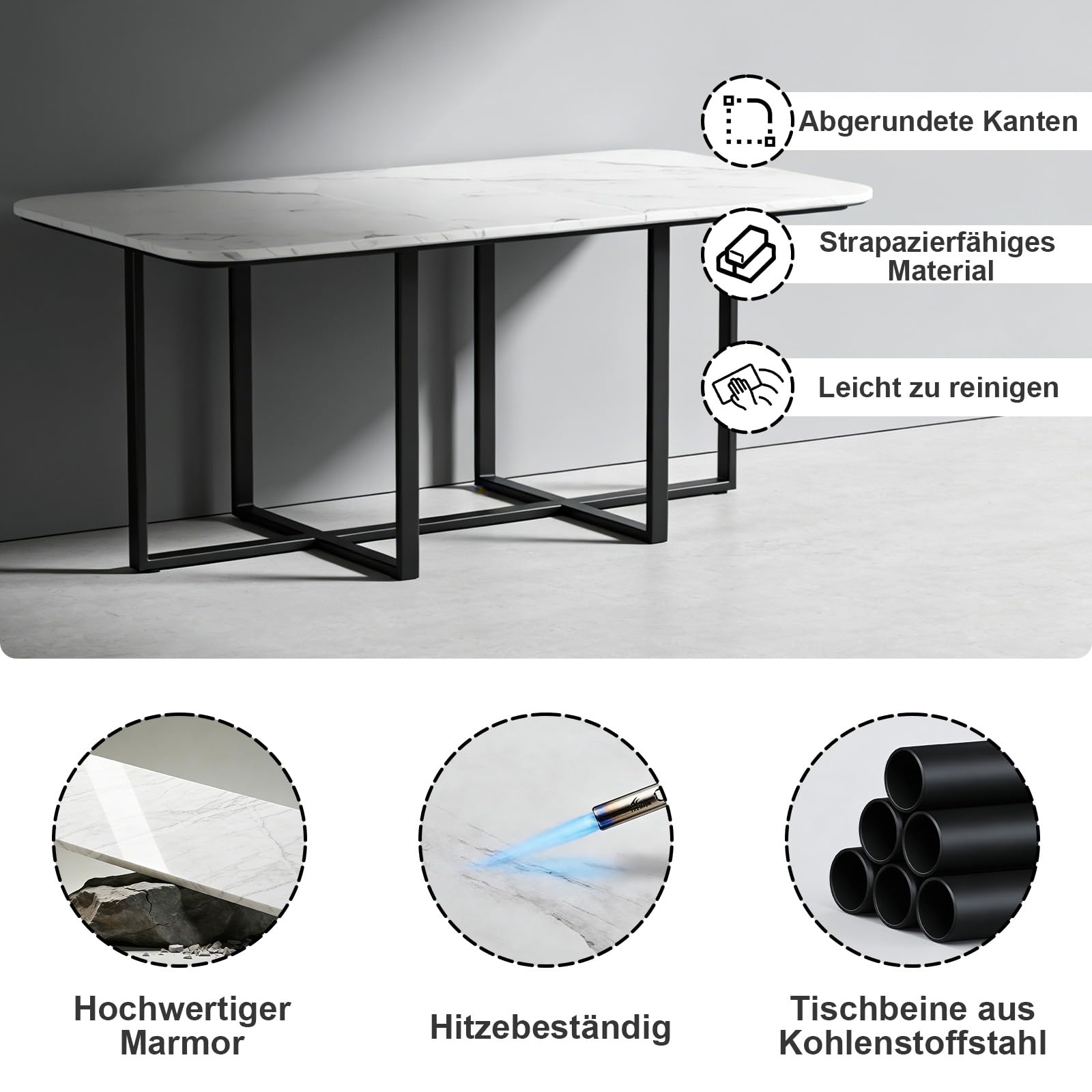 Großer Konferenztisch Inklusive 8 Stühle Moderner Besprechungstisch Metallrahmen für 8–12 Personen, industrieller Seminartisch für Büro, Esszimmer, 180x90cm (L x B),Weiß