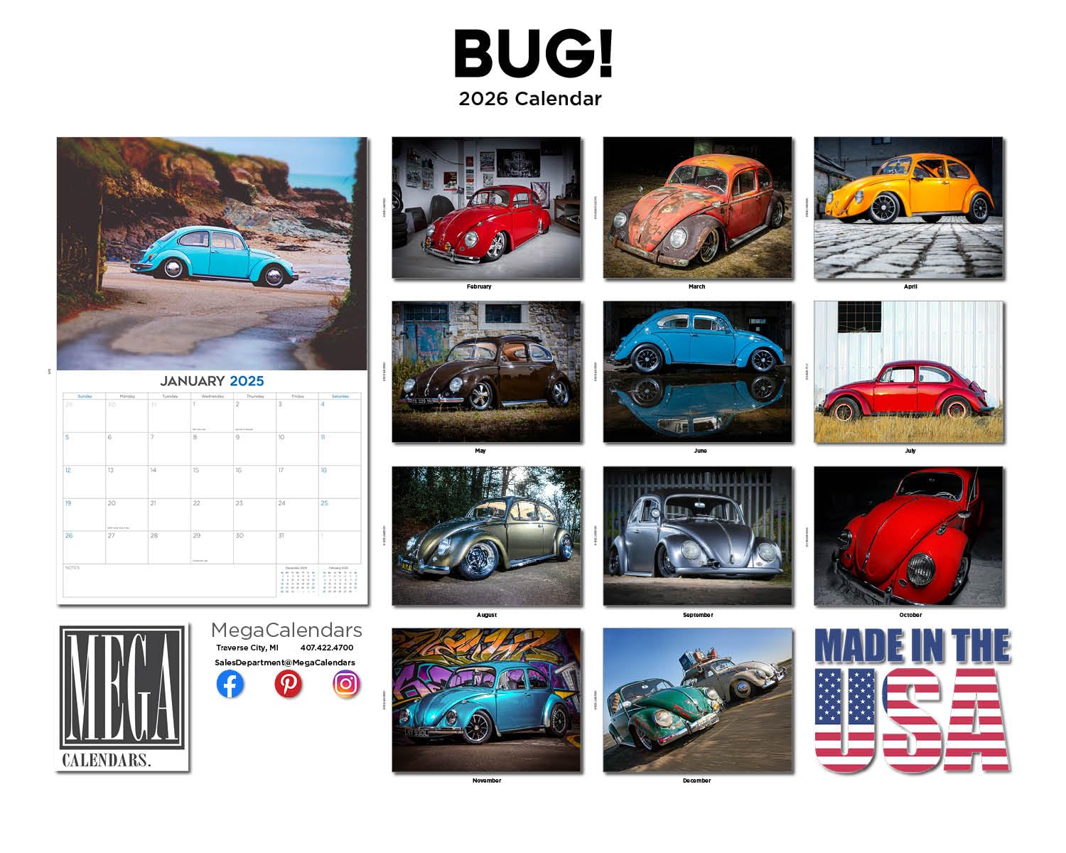 Calendario 2024 2025 con scarabeo – Calendario mensile da parete con auto d'epoca – 30,5 x 45,7 cm aperto – carta spessa senza sbavature – idea regalo – calendario per insegnanti accademici per