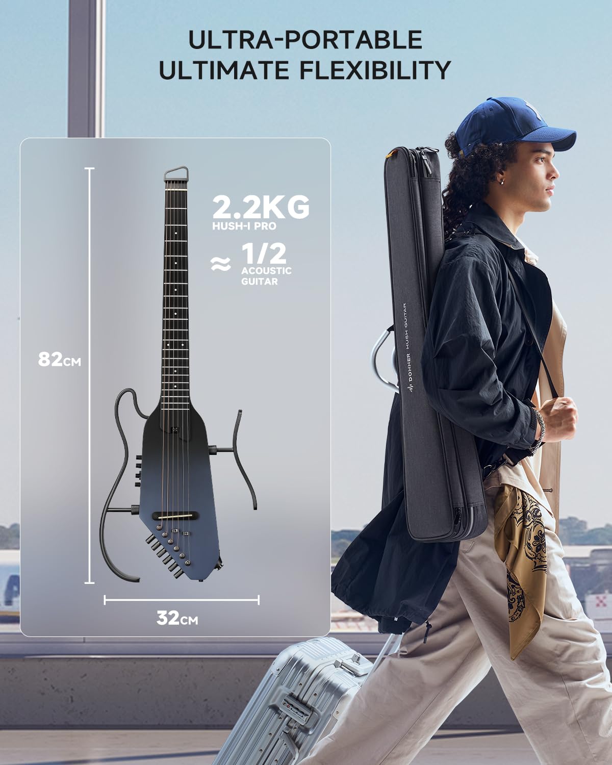Donner Chitarra Acustica Elettrica HUSH I PRO Chitarra da Viaggio con Multiple Modalità di Effetto Smart Kit Guitarra di Auricolari, Gig Bag, Tracolla, Cavo di Ricarica, Nero