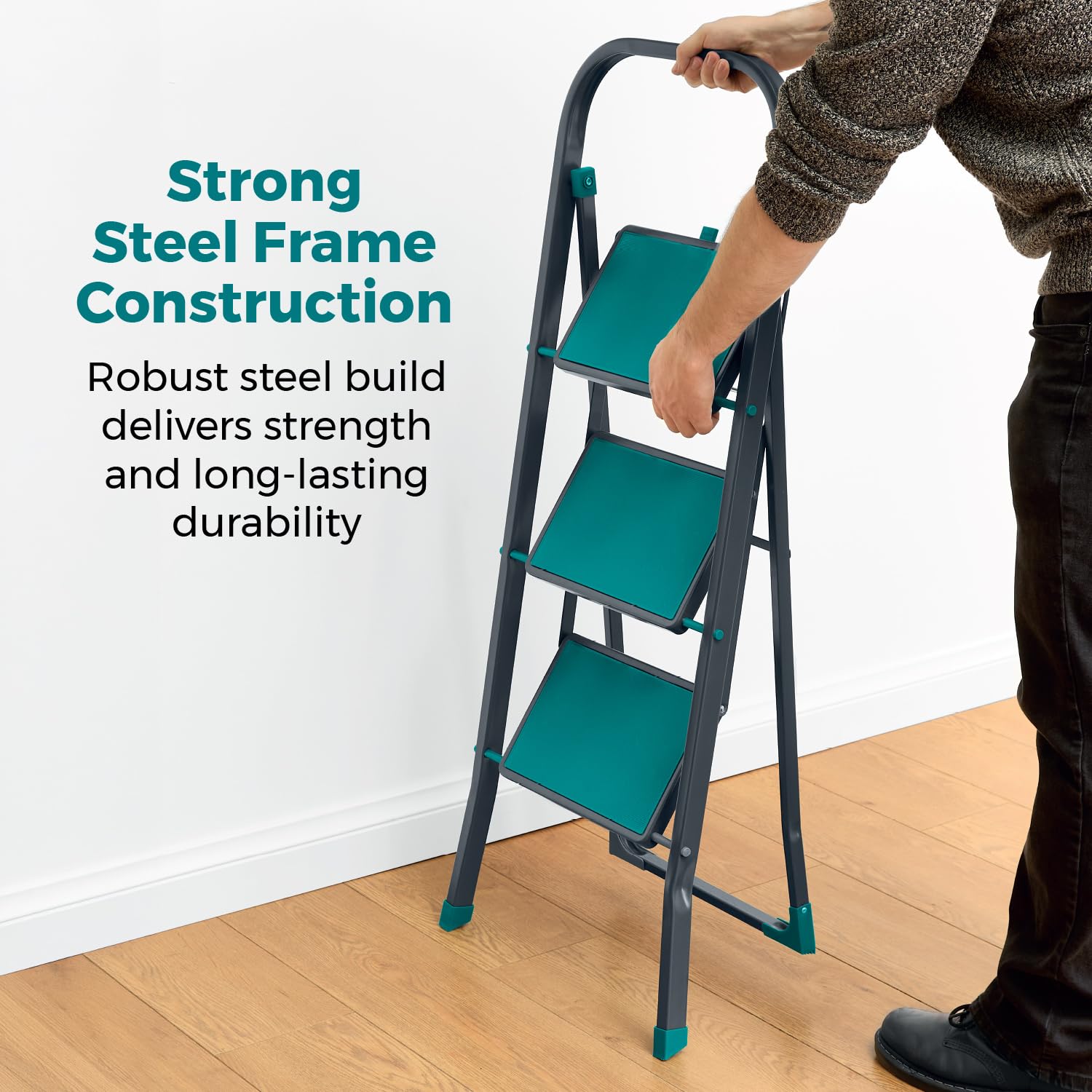 Tower Escalera de 3 peldaños, Marco de Acero Plegable con peldaños y pies de Goma Antideslizantes, diseño Compacto y Ligero, Capacidad máxima de 150 kg, Antracita y Verde Azulado, T780001TL