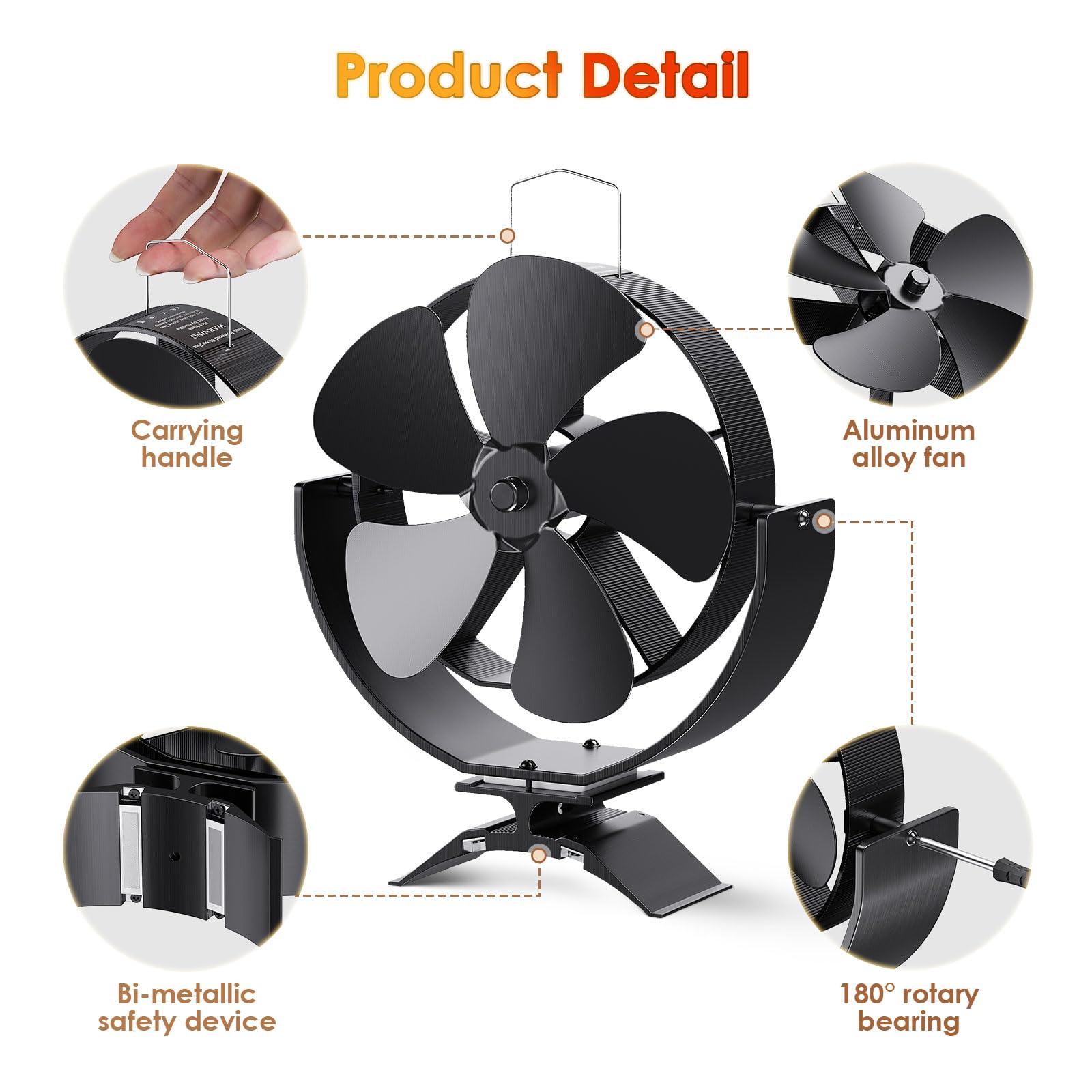3 IN 1 Ventilatore per stufa a legna 5 lame Ventilatore 180° rotazione magnetico per bruciatori di legna Ventilatores per caminetto alimentato dal calore