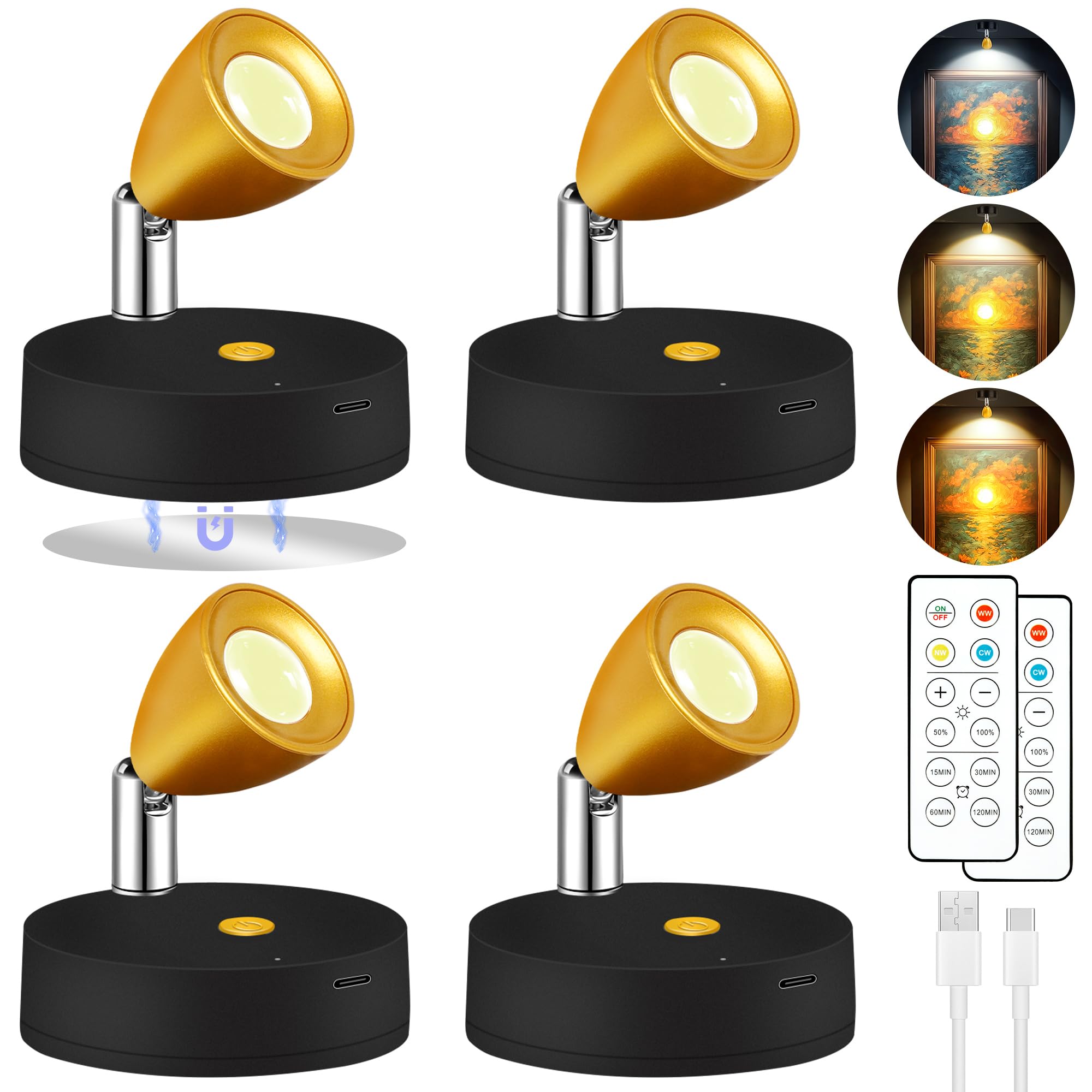 Tested Fully Functional 4 Pack Spot Lights Indoor, Rechargeable Wireless Plant Spotlight Indoor, 3 CCT Battery Operated Mini Spotlight, Ambient Lighting for Picture Wall Backdrop Decor (Black)