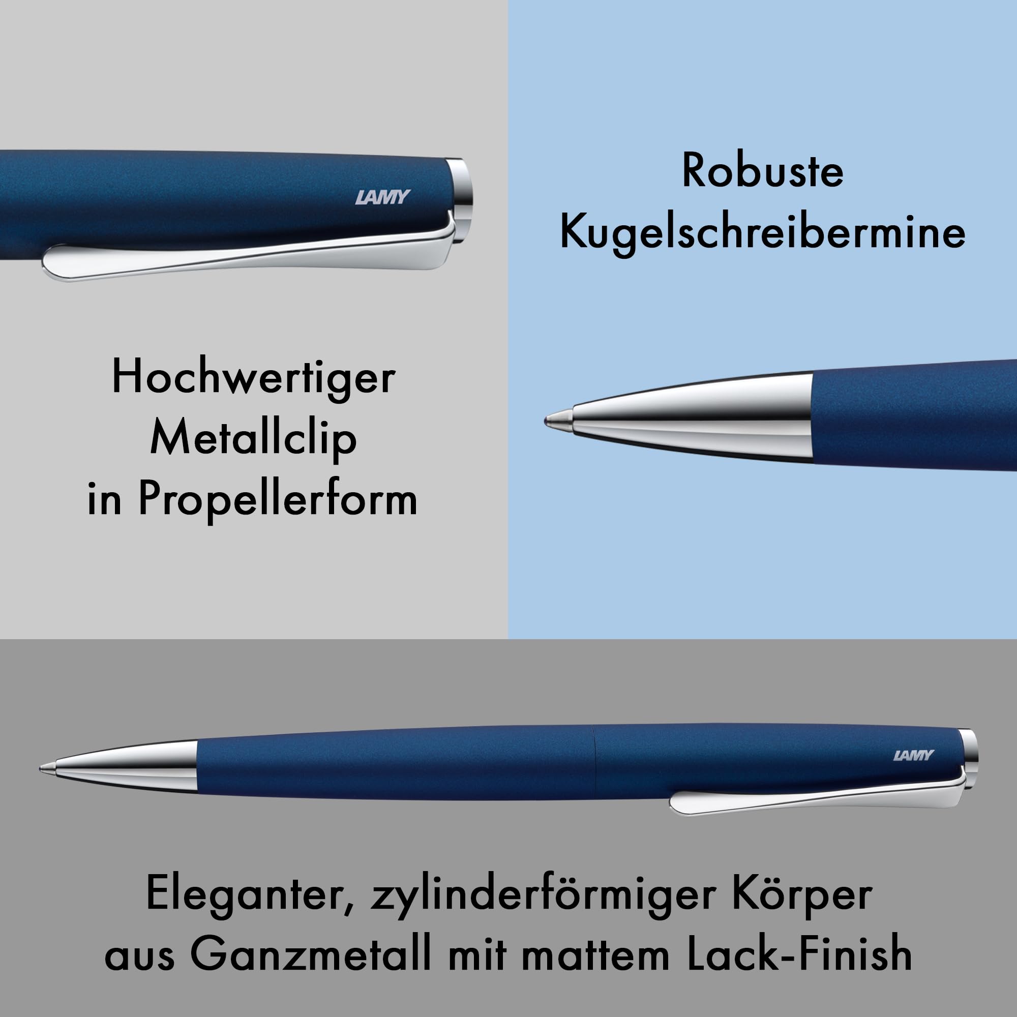 Lamy studio imperialblue Kugelschreiber in Stichbreite M | Lamy Kugelschreiber in elegantem Gehäuse aus Edelstahl – mit propellerförmigem Clip – inkl. Großraummine M 16 in schwarz