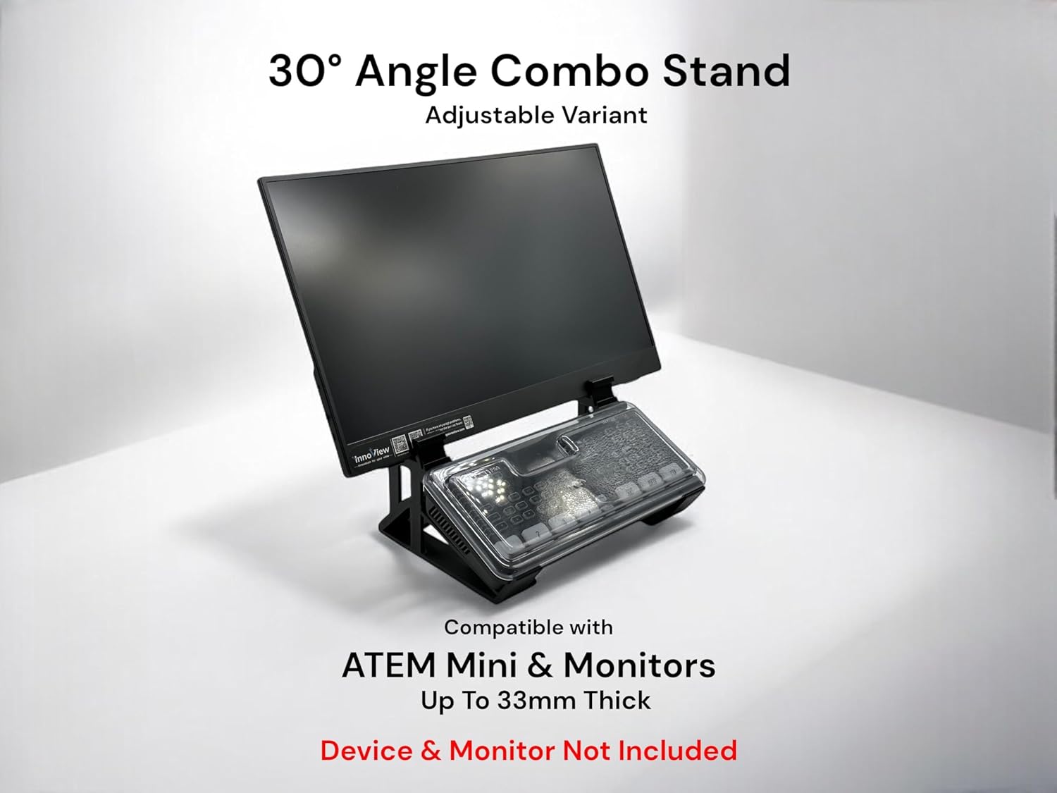 Stand for ATEM Mini Series + Thin Monitor (up to 33 mm) - 6 Cold Shoe Slots, 30 Degree Viewing Angle, Slip-On Design, Non-Slip Feet, Dust-Cover Compatible - Third-Party Accessory