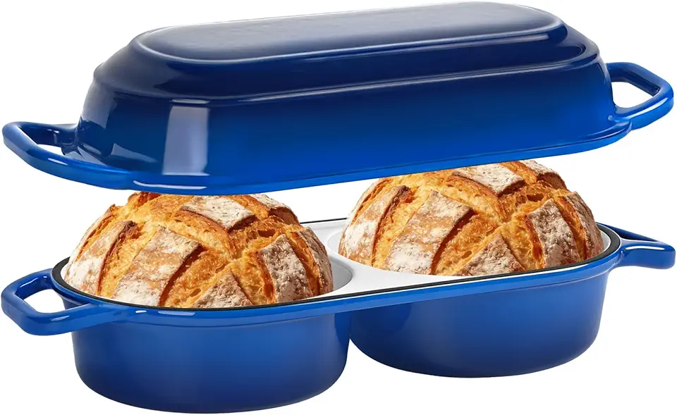 Mini forno holandês duplo para assar pão de fermento, panela de forno holandês de ferro fundido esmaltado de 2,2 litros com tampa, forma de pão redonda dupla antiaderente, segura para forno de 260 °C