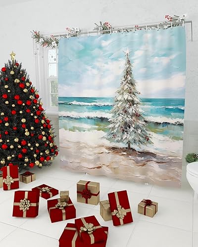 Miniatura 3 de Juego de cortinas de ducha impermeables con árbol de Navidad costero, estándar de 72 x 72 pulgadas, pintura al óleo moderna de playa, árbol de