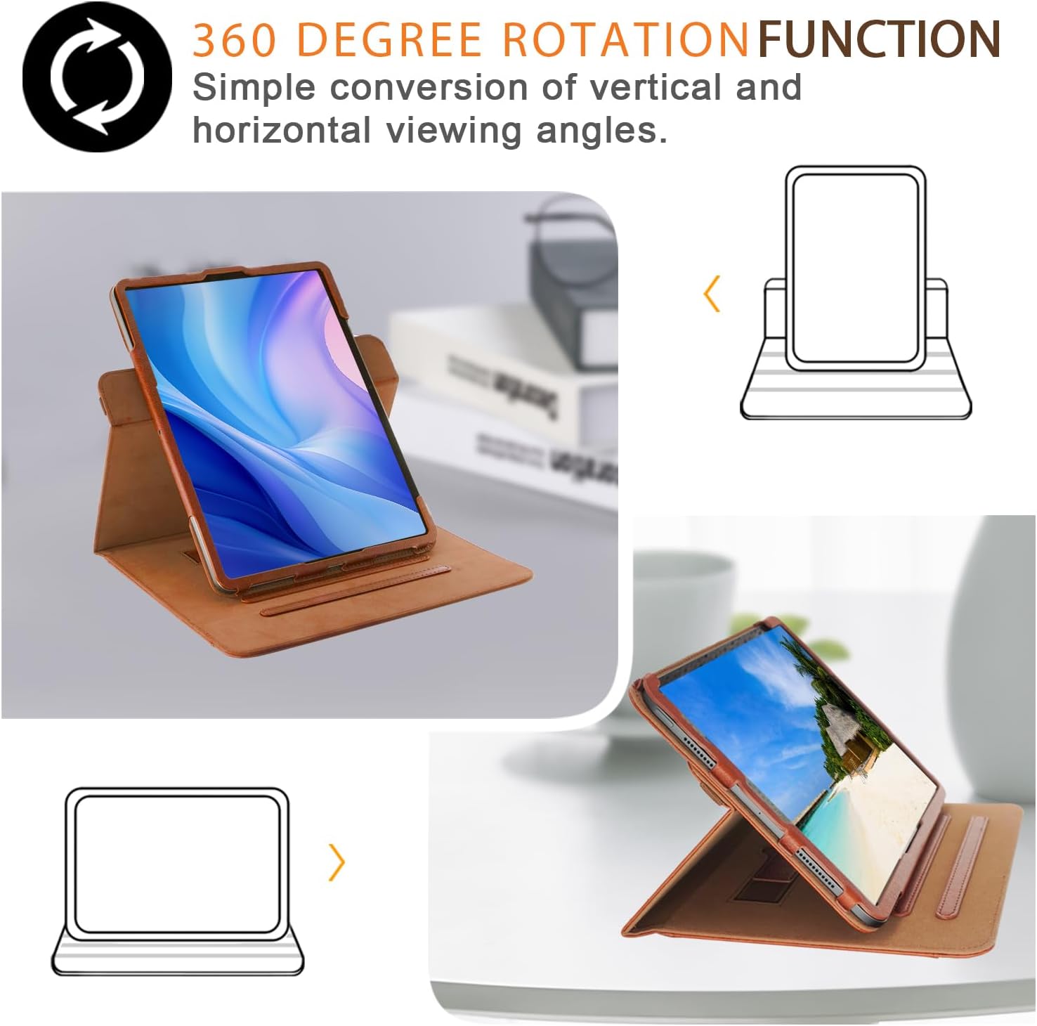 Rotating Case for iPad 11 inch (ipad 11 2025/iPad air 11/4/5/ipad 10.9 10th/ipad pro 11 2018/2020/2021/2022)- Multiple Angles Viewing Folio Stand Cover with Pencil Holder & Pocket (Brown)