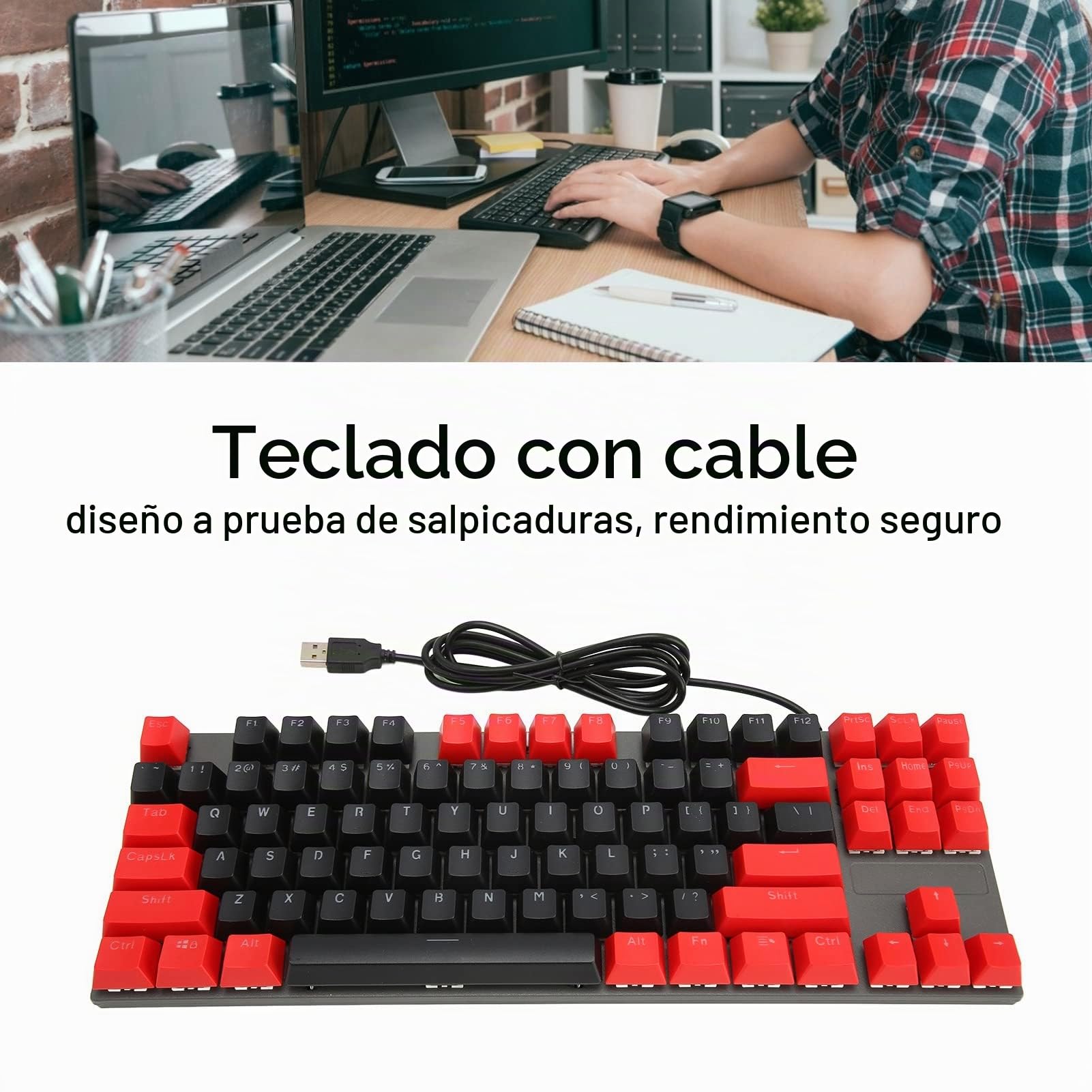 Teclado Mecánico de Dos Colores, Teclado Mecánico para Juegos, 87 Teclas, Ultradelgado, RGB, Retroiluminado, Teclado con Cable USB con Interruptores Azules, para PC Gamer (Alámbrico Negro Rojo)