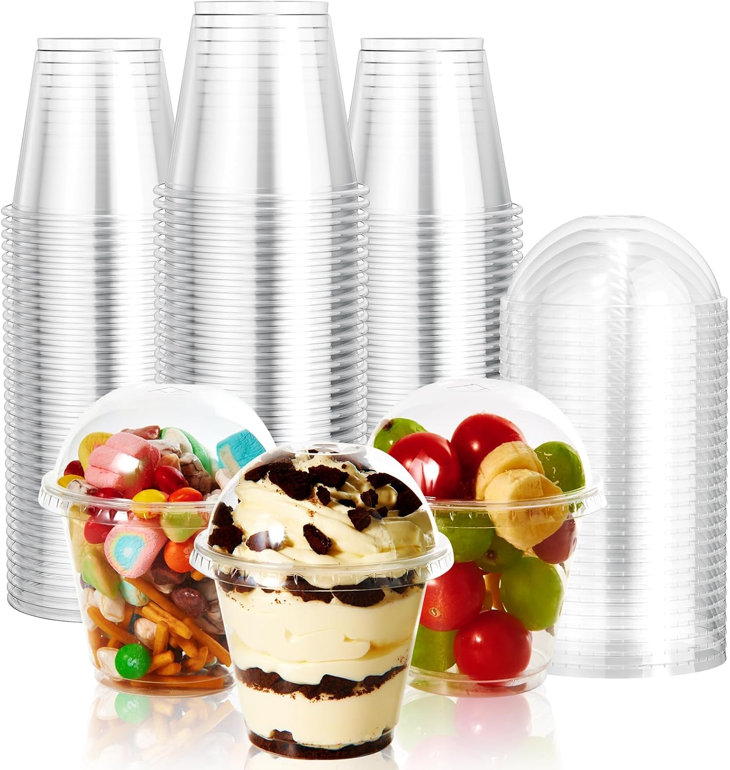 Vplus 200 Pack 9 OZ PET Plastic Cups with Dome Lids, Crystal Disposable Plastic Cups For Parfait, Fruit, Desserts, Snacks, Yogurt, and Jelly