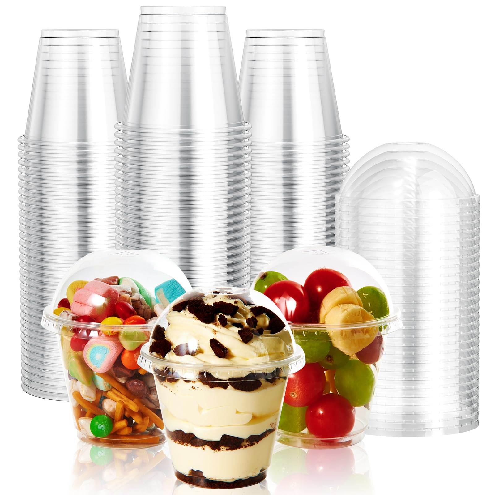 Vplus 200 Pack 9 OZ PET Plastic Cups with Dome Lids, Crystal Disposable Plastic Cups For Parfait, Fruit, Desserts, Snacks, Yogurt, and Jelly