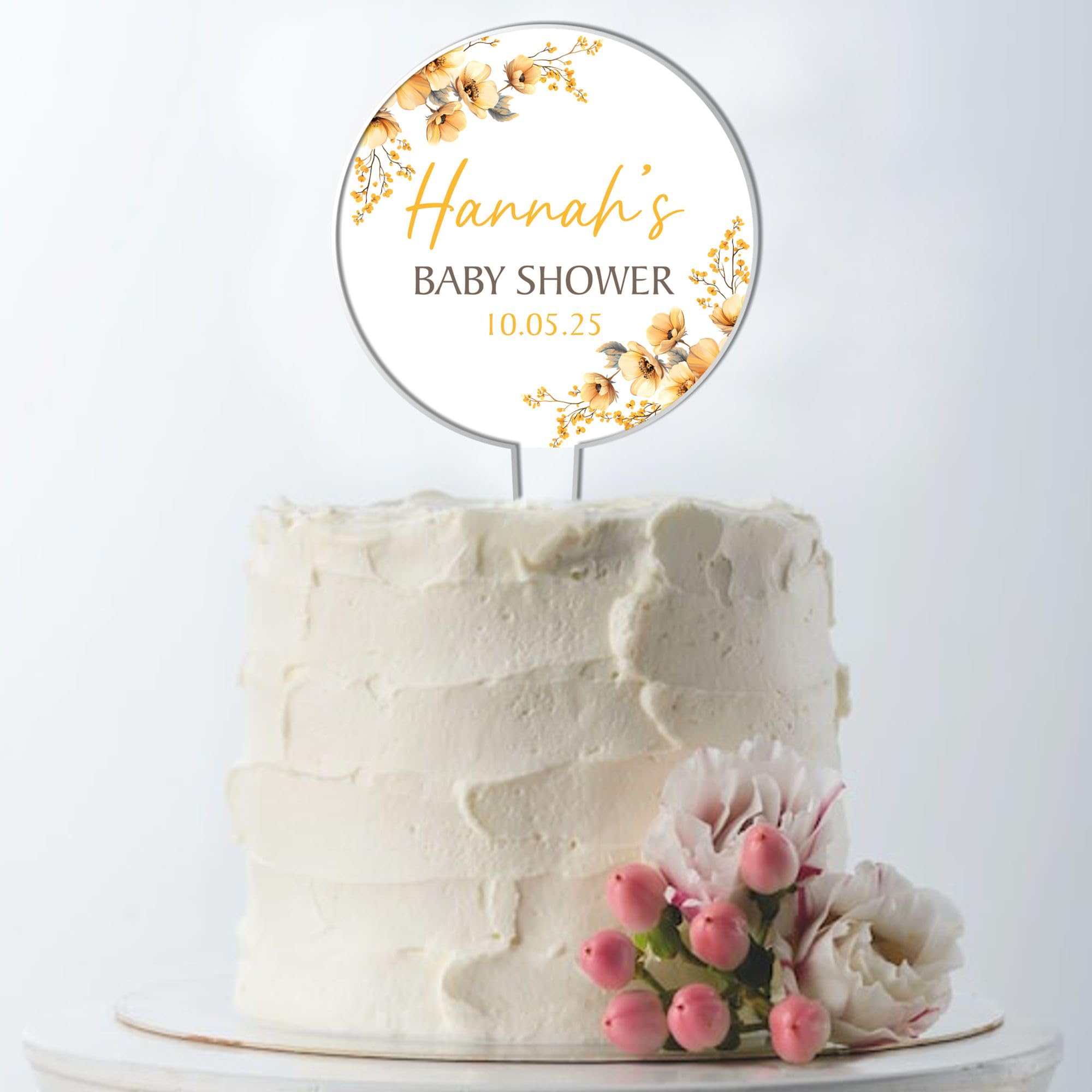 Personalised Baby Shower Cake Topper – Custom Child's Name & Event Date – Floral Acrylic Cake Decoration – Gender Reveal Party Keepsake - 5 Colour Options (Yellow)