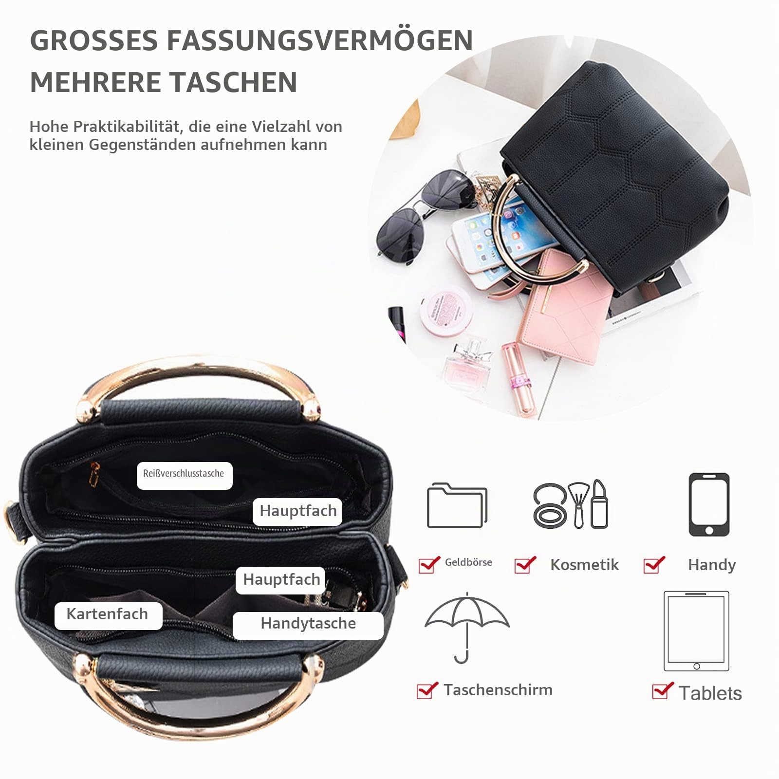 NICOLE & DORIS Handtasche Damen Klein Schultertaschen PU Leder Frauen Umhängetasche Henkeltasche Mini Tasche Damen Kuriertaschen Crossbody Tragentasche mit Anhänger Schwarz