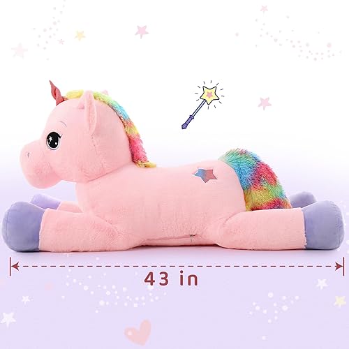 Miniatura 3 de Tezituor Juguetes de peluche de unicornio gigante de 43 pulgadas, animales de peluche de unicornio rosa grande, bonitas decoraciones de cumpleaños