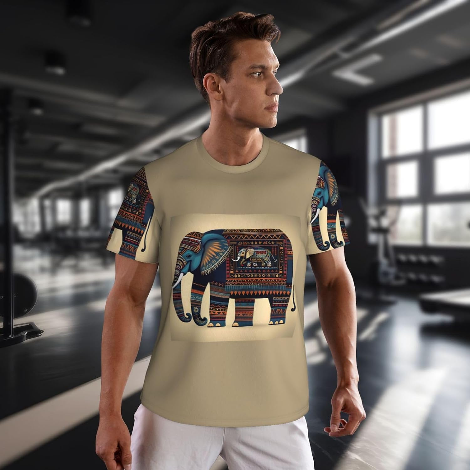Aztec Elephant Print Mens Short Sleeve Mesh T-Shirt Breathable Athletic Gym Running Casual Sports Wear