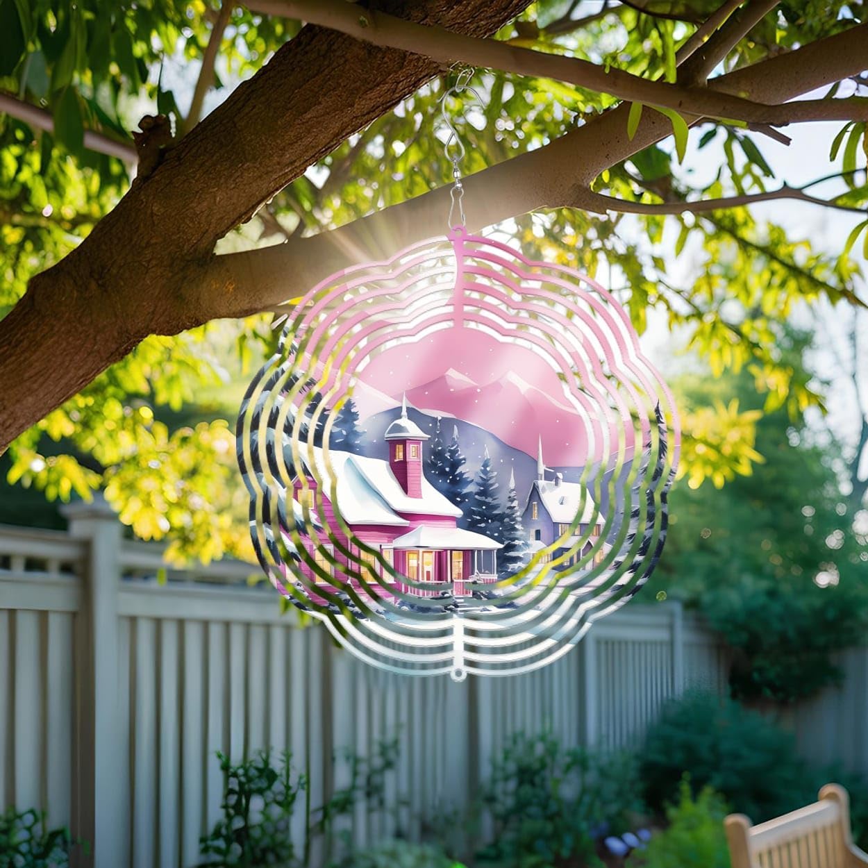 Pink Farmhouse Merry Christmas Wind Spinners 3D Stainless Steel Laser Cut Metal Double Sided Printing-Hanging Indoor/Outdoor Decorations Yard Gardening Decor,Metal Kinetic Art 14x14 inches