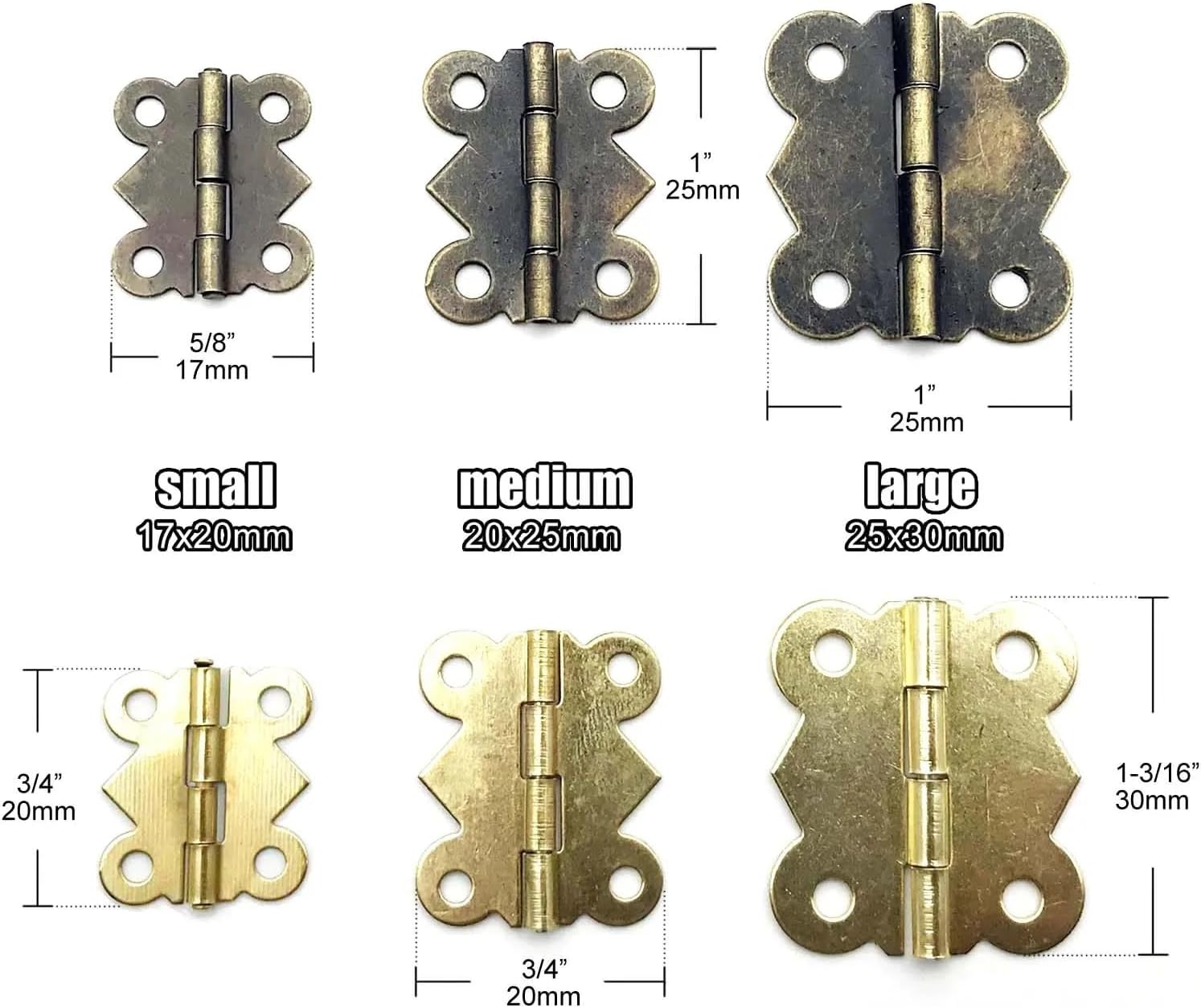Small Heavy Duty Shape Wooden Box Case Hinge with Screws 2 Color 3 Size 12Pcs(Large 25x30mm Gold)