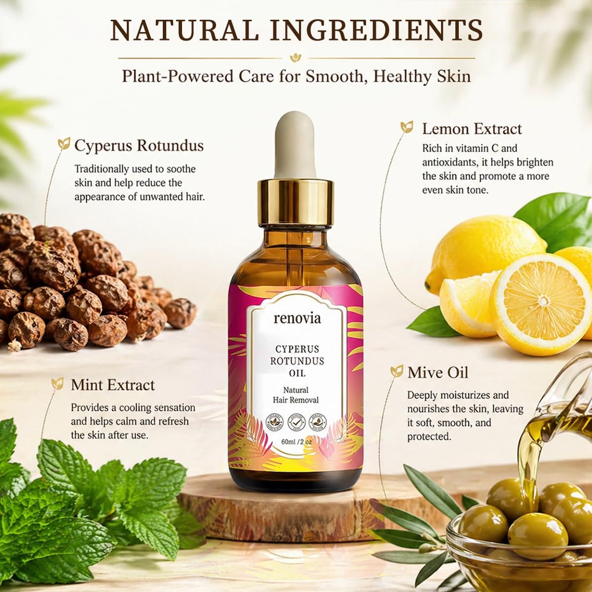 Renovia Cyperus Rotundus Oil for Hair Removal, Herbal Hair Removal Oil Serum with Peppermint, Moisturizing & Soothing Formula for Smooth Looking Skin, Suitable for All Skin Types