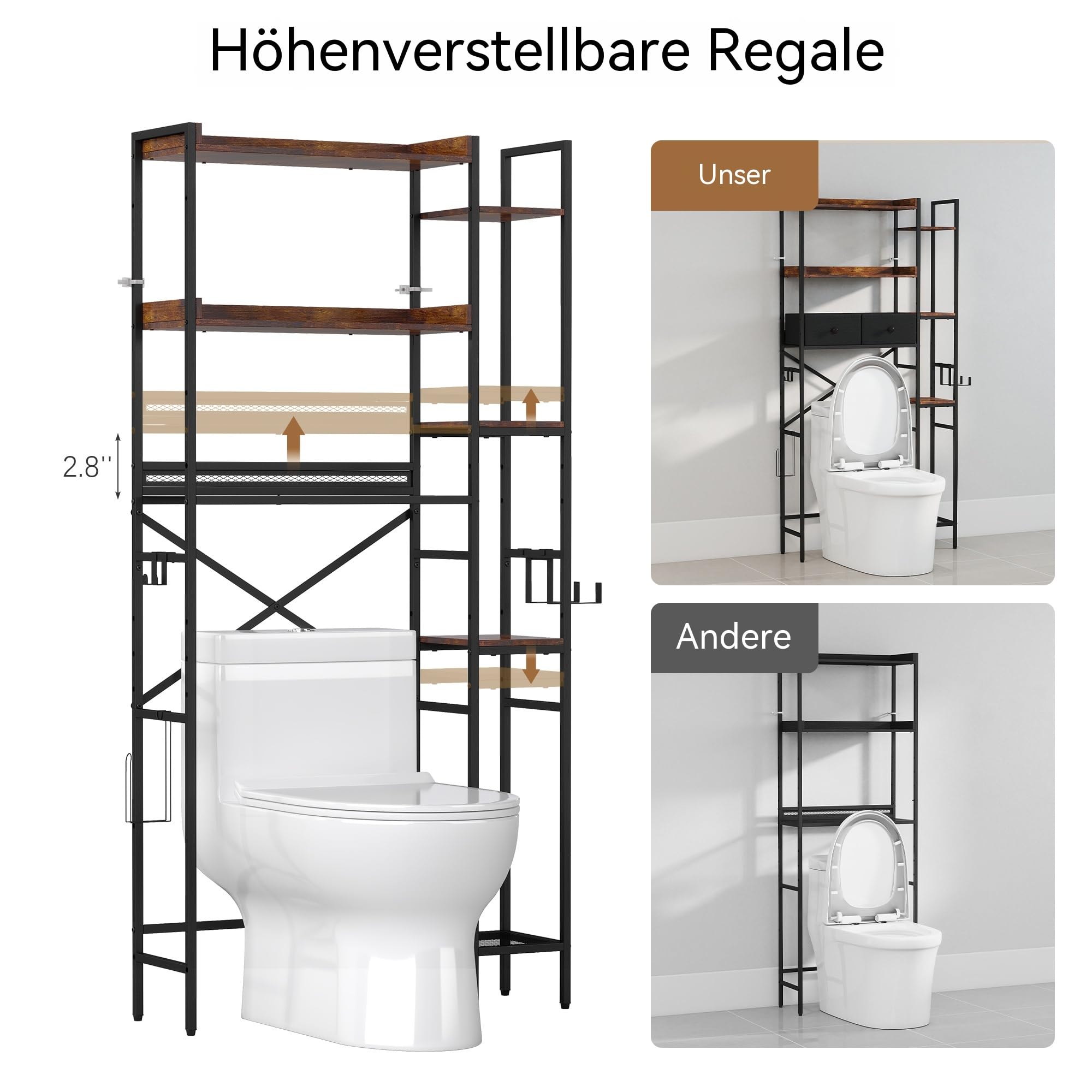 Toilettenregal Einfache Montage für Badezimmer, Braun | Wasserdicht, Platzsparend, mit Körben Haken, Ohne Bohren, Metall & Holzwerkstoff, Vielseitig einsetzbar, Höhenverstellbar
