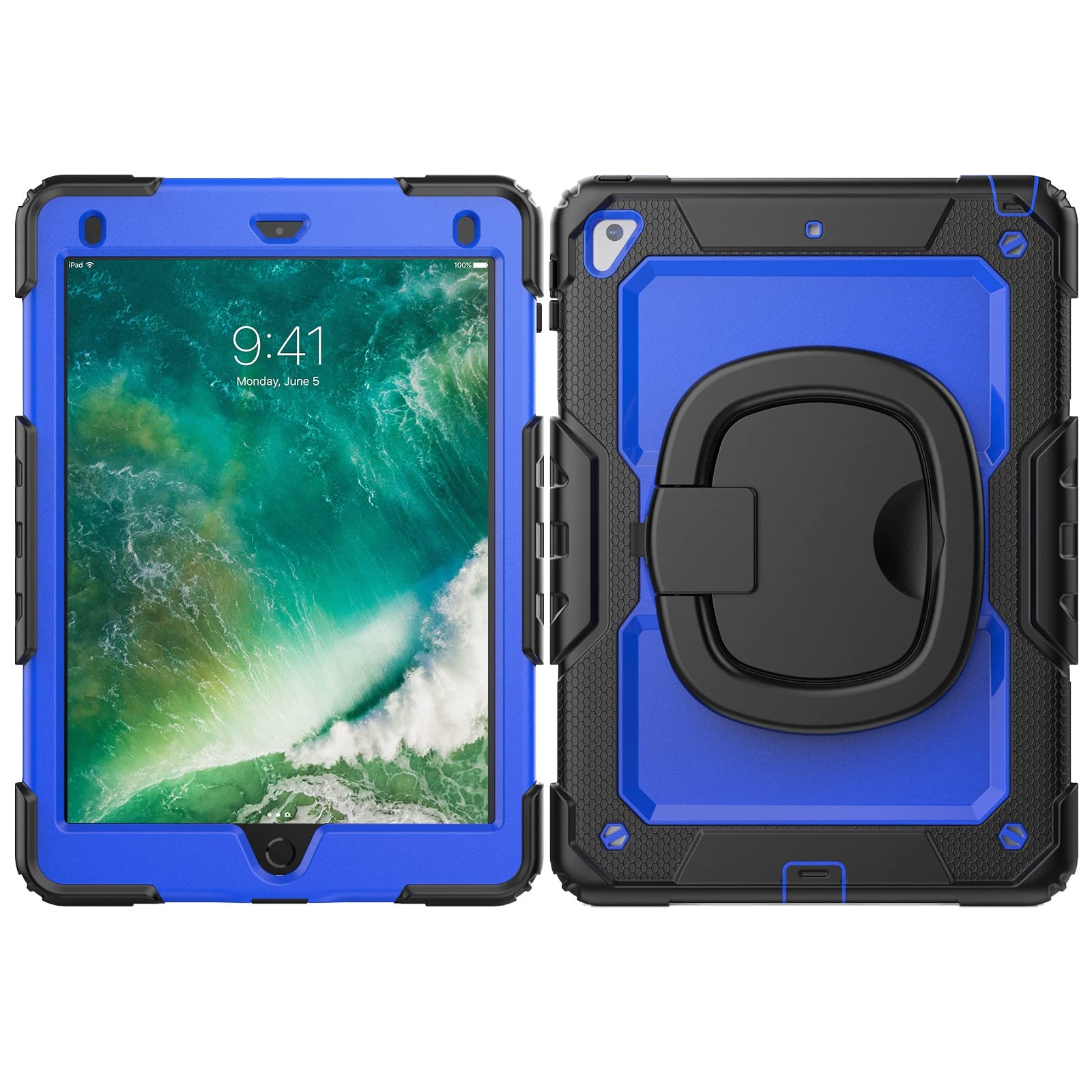 Heavy Duty Shockproof TPU Case Compatible with iPad 9.7"（2017/2018/Pro 9.7"/iPad Air 2 Kids Case,360 Degree Rotating Handle Stand Bracket W Screen Protector+Shoulder Strap (Color : Black and Blue)