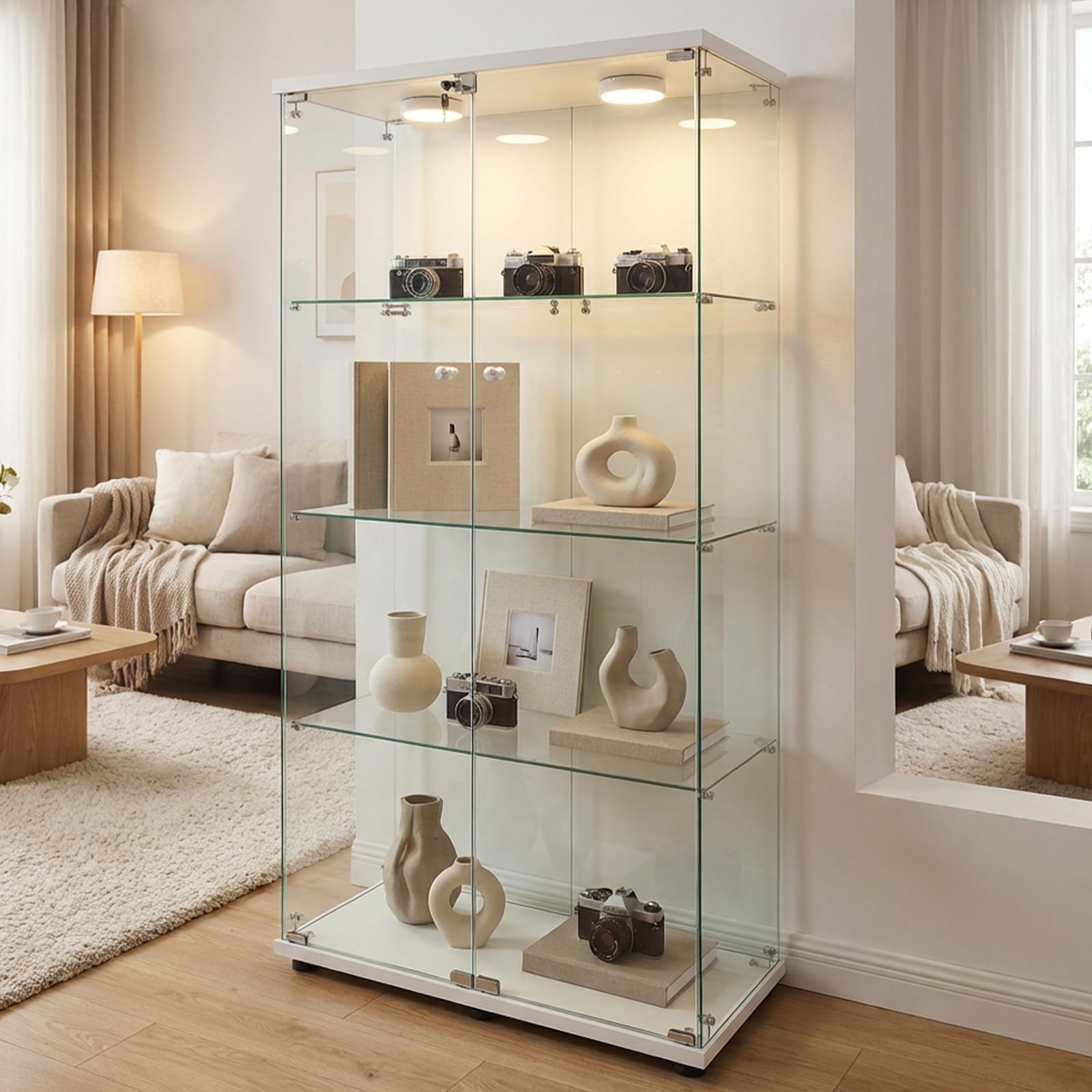 Vitrina de Cristal con iluminación LED, Color Blanco, 80,6 x 36,5 x 164,5 cm, Dos Puertas con Cerradura, Vitrina de Cristal de pie con 3 estantes de Cristal, Vitrina para salón, Dormitorio