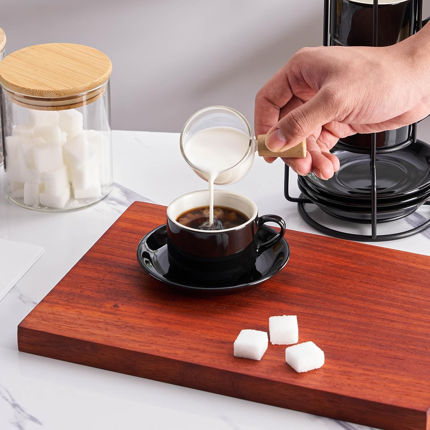 2.5oz Espresso Cups Set of 4, Porcelain Stackable Espresso Cups with Saucers and Metal Stand Set, Black Expresso Shots Cup Set for Cappuccino, Coffee Drinks, Latte, Tea - Image 3