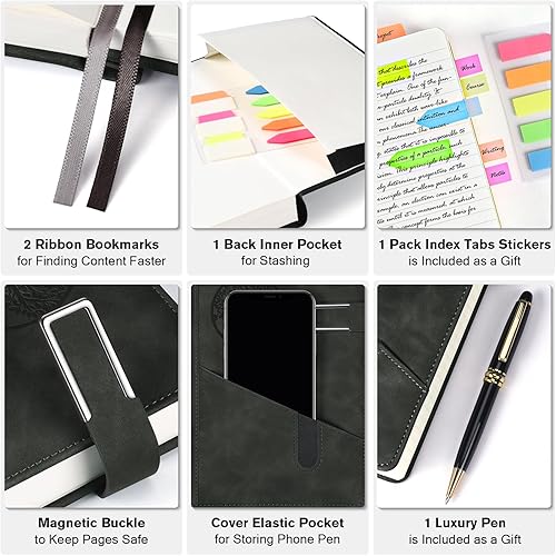 Miniatura 4 de Cuaderno rayado para hombres y mujeres, cuaderno de 365 páginas numeradas a rayas universitarias, diario de cuero de tapa dura con bolígrafo y caja