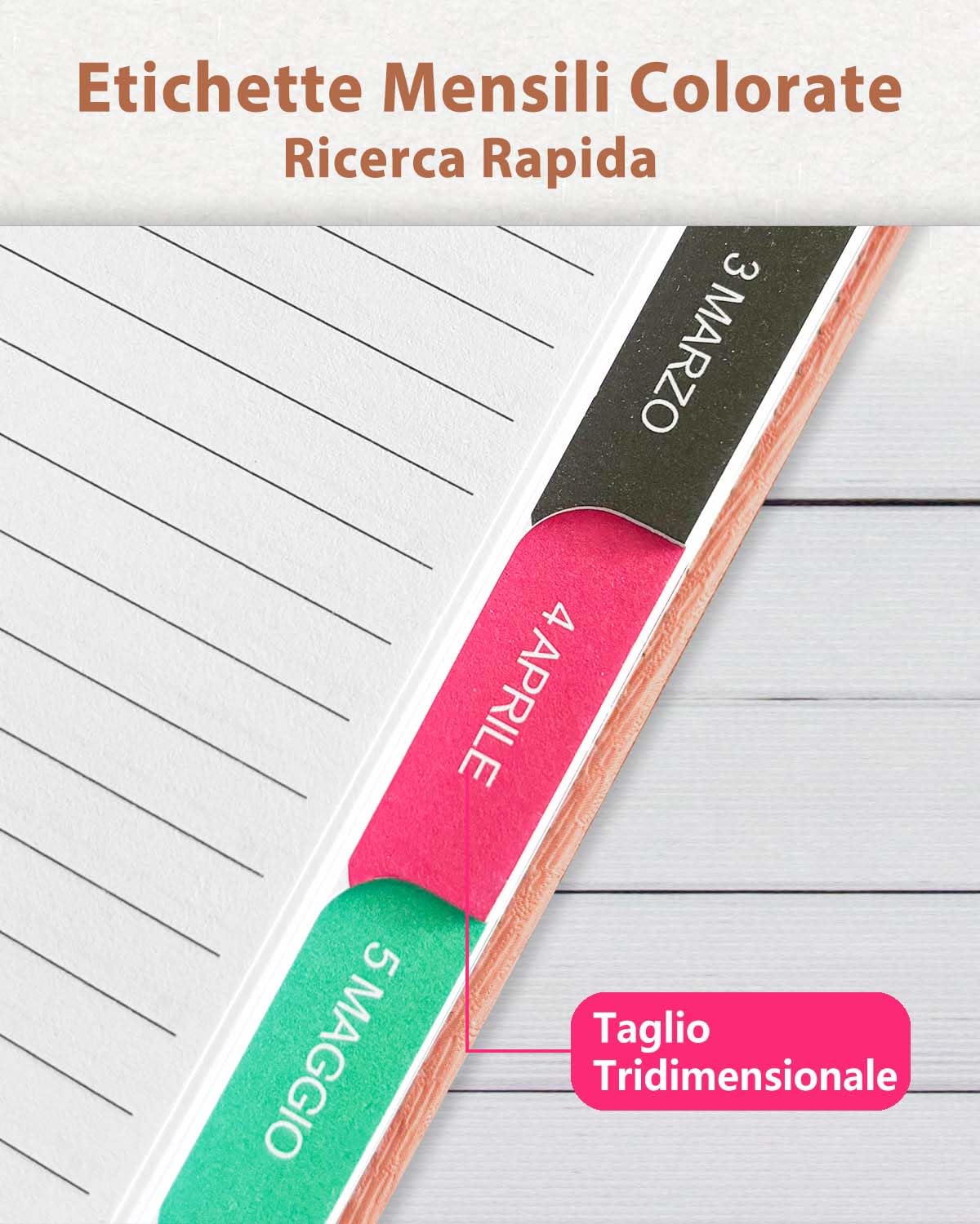 HW CASA Agenda Giornaliera 2025 Taccuino,Formato A5,200 Pagine Agenda Giornaliera,Copertina in Pelle PU Goffrata con Venature del Legno,Design a Pagina Singola ed Etichette Mensili Colorate,Rosa