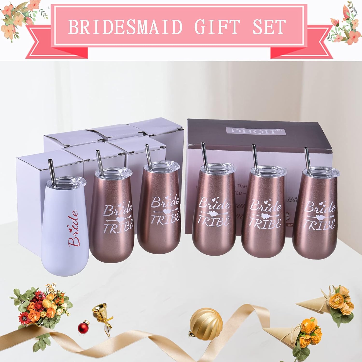 DHQH Bridesmaid Tumbler Bridesmaid Proposal Gifts 6 Pack 6oz Bride Tribe Stainless Steel Wine Tumblers Wedding Engagement Bachelorette Party Gifts