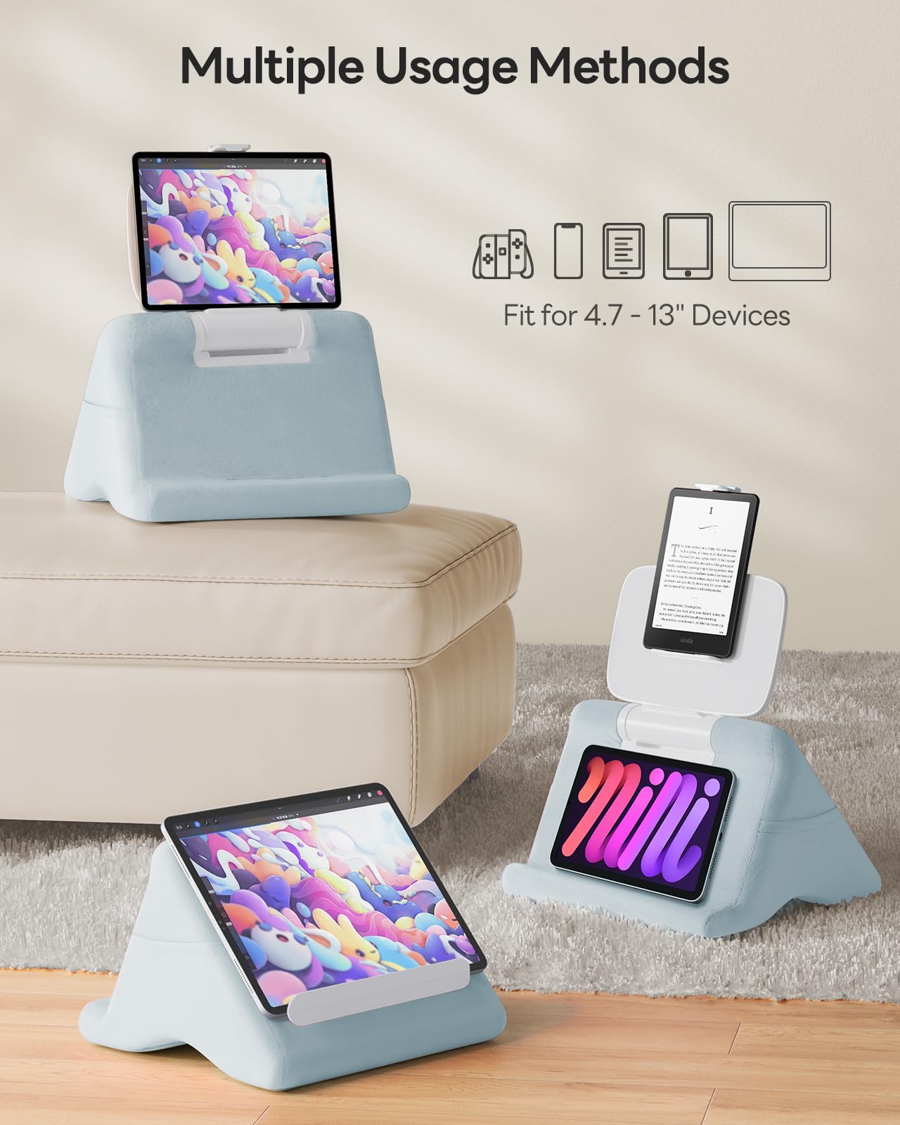 SAIJI Supporto per iPad – Supporto per tablet Kindle per leggere a letto, con clip regolabile per tablet da 4 a 13 pollici, come iPad Pro, Air, Mini, Kindle, Galaxy Tab, e-Reader, blu