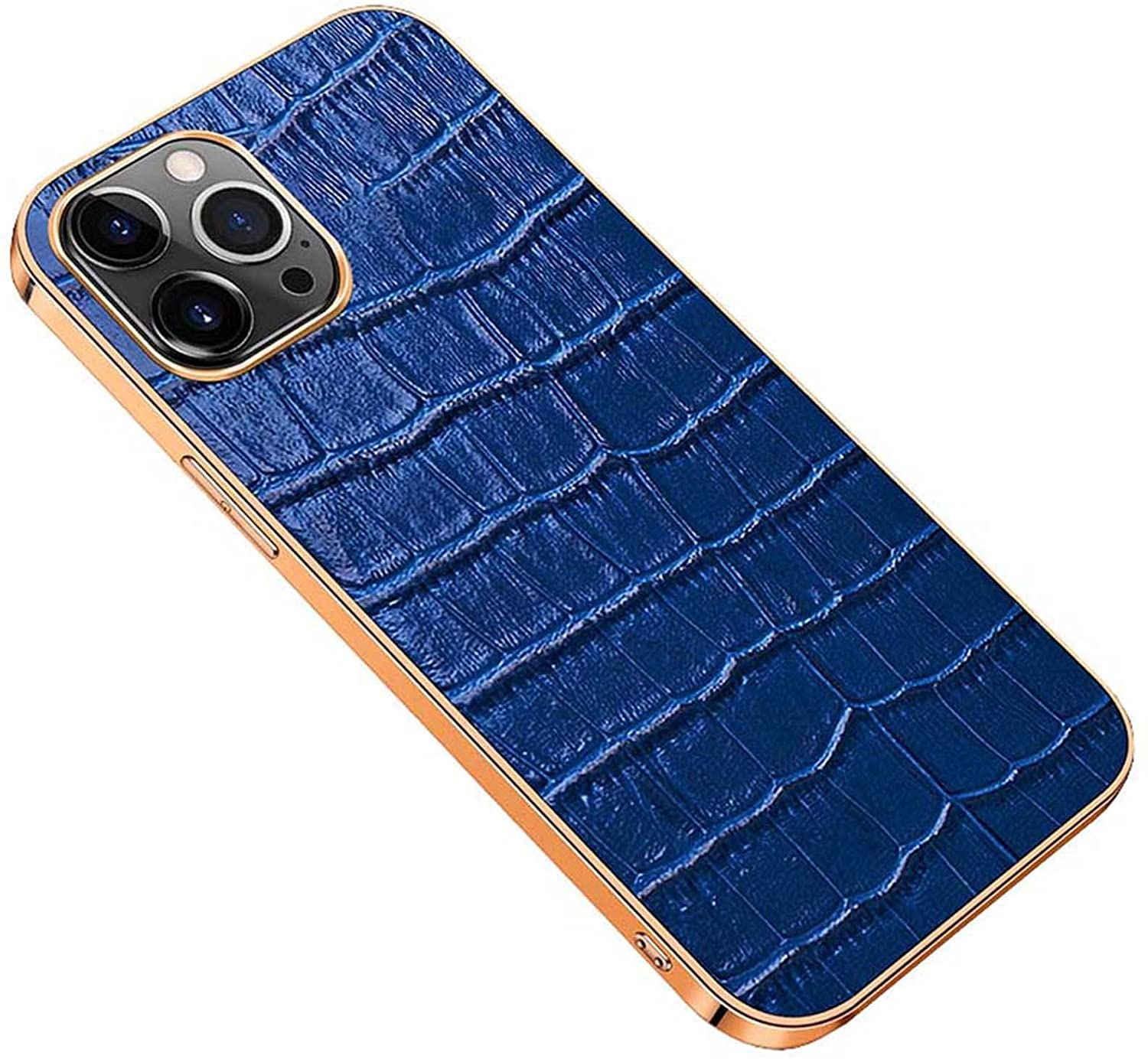 Housse iPhone 14 Pro en cuir véritable bleu et cadre doré chic - 8
