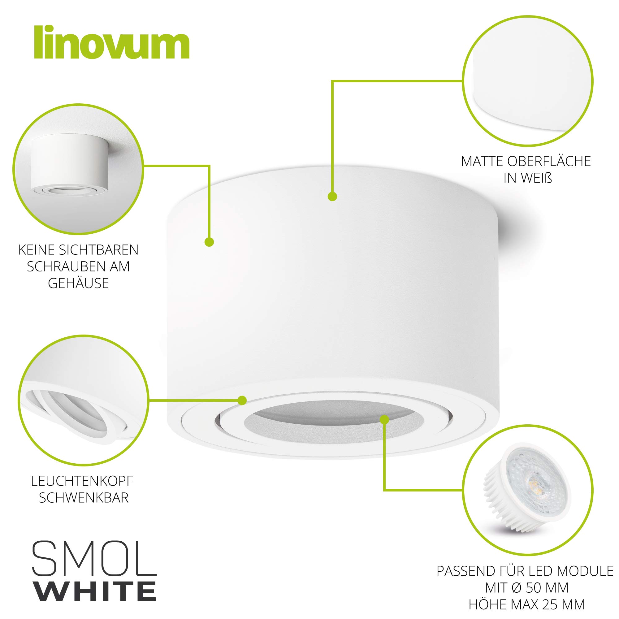 4 sztuki linovum SMOL Downlight ekstra płaskie wychylne w kolorze matowym białym i okrągłym - lampa natynkowa Ø 80 mm do modułów LED