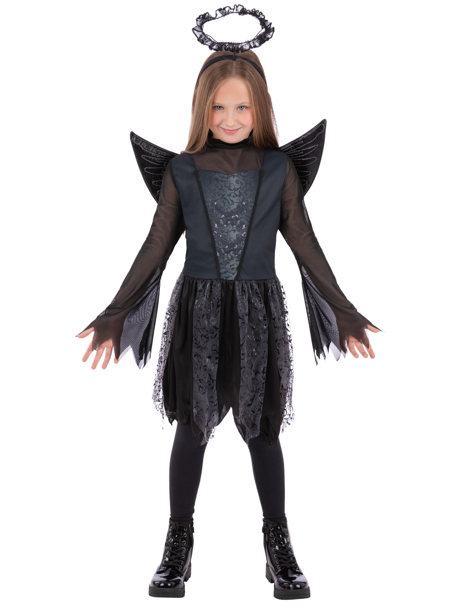 Smiffys Girls Dark Angel Halloween Costume Black Fallen Angel Dress with Wings and Halo Gothic Fancy Dress Outfit for Kids Trick or Treat Devil Fairy Demon Party Look, Age 10-12