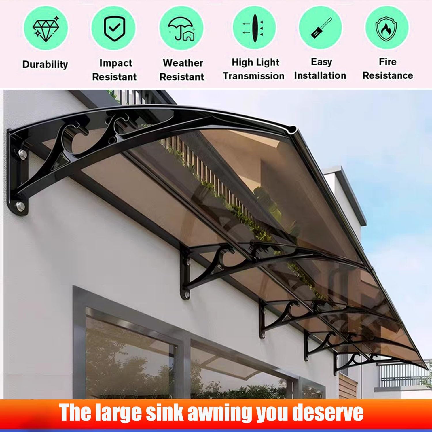 Zadaszenie zewnętrzne do drzwi wejściowych, okna i werandy, ochrona przed promieniowaniem UV, pokrowiec na dach patio z aluminiowym uchwytem i panelem z poliwęglanu (jasnobrązowy, 60 x 190 cm)