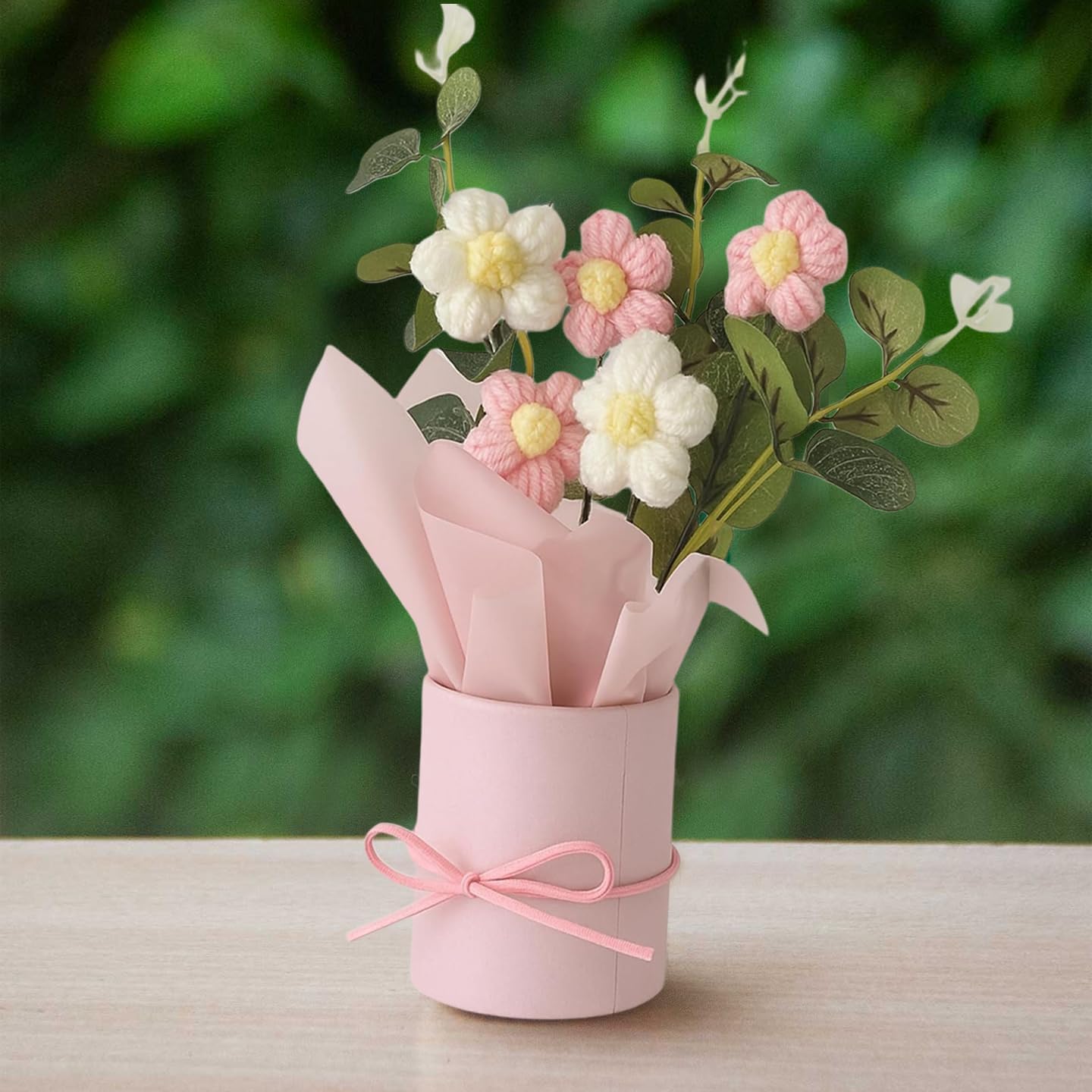Artificial Crochet Flower Bouquet Handmade Knitted Flowers Gift Bouquet for Girls, Home Decor, Birthday, Anniversary, Valentine Gift, Forever Flower Decoration (Pink)-image-17