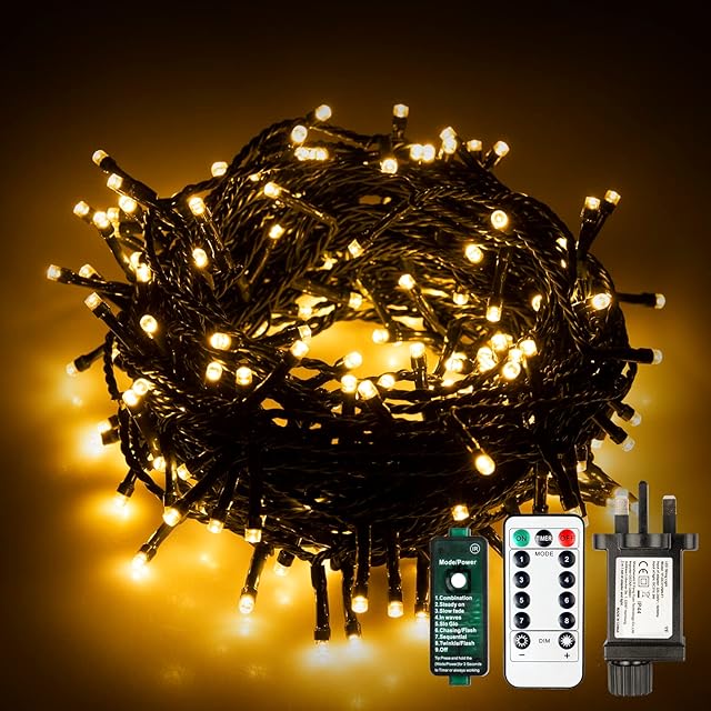 STARKER 200LED 65ft Outdoor Fairy Lights Mains Powered 8 Modes String Lights ,Christmas Lights Indoor with Remote Control for Garden, Bedroom, Party,Wedding,Festival Decoration(Warm White)