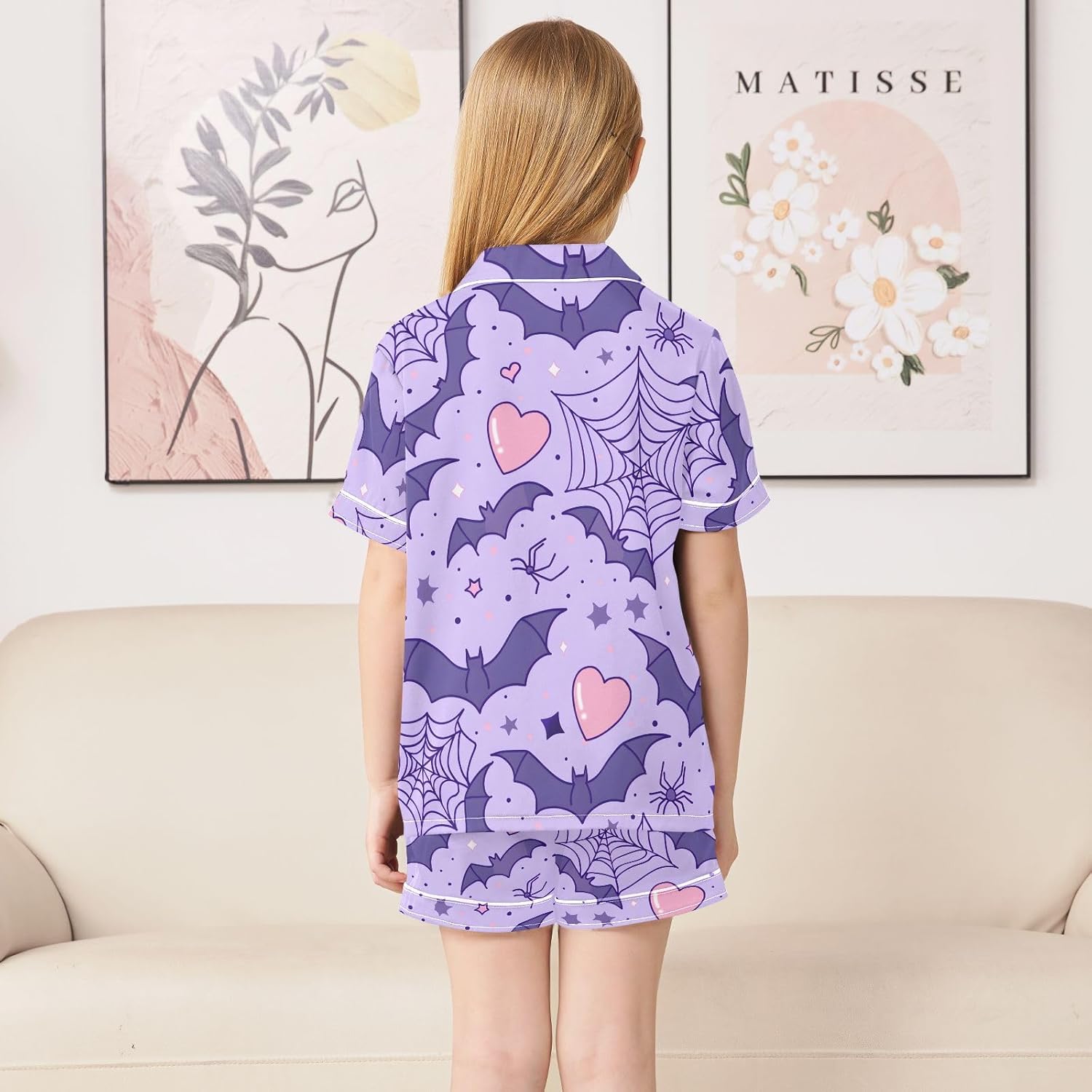 Kids Satin Wear Set Purple Bat Spiderweb Heart Pattern Relaxed Fit Clothing Short Sleeve and Shorts
