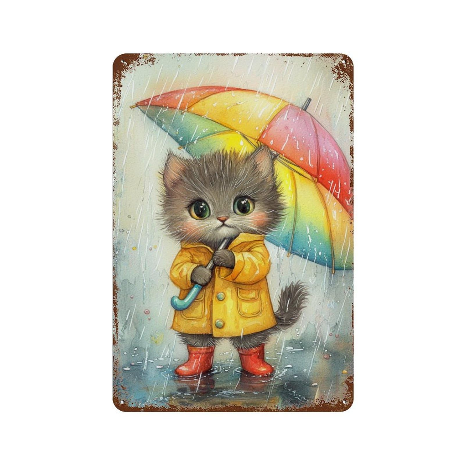 Rainy Day Kitten with Umbrella-8 Rusty Metal Tin Sign 11.8"x7.9", for Basement, Hobby Room And Garage Decor, Retro Wall Decor