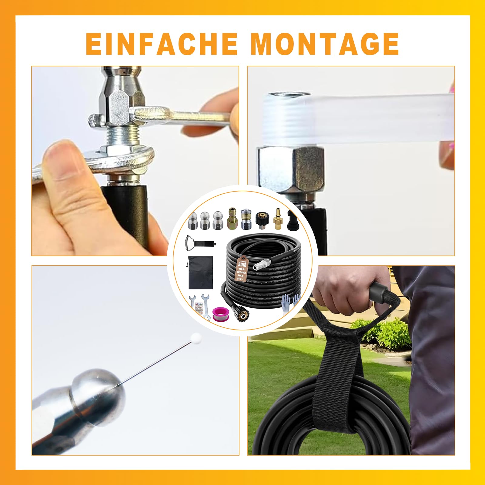 Set di tubi universali per idropulitrici ad alta pressione, 30 m, 5800 PSI/400 bar, con ugello rotante e ugello per flusso d'aria, compatibile con Kärcher K2-K7, Bosch, Lavor, attacco M22, adattatore