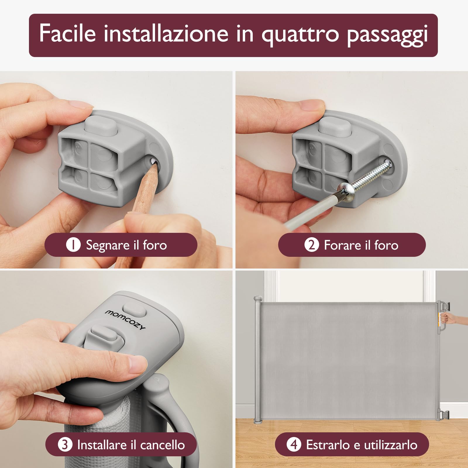 Momcozy Cancelletto per Bambini Estensibile, 180cm Cancello per Bambini, Silenzioso e Operazione con una sola mano, Cancelletto di Sicurezza Retraibile per Scale/Interni/Esterni/Corrido, Grigio