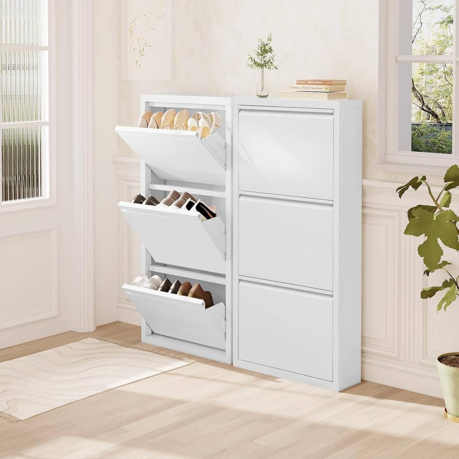MOHOME Scarpiera Salvaspazio Slim Metallo Made in Italy 3 Ante Bianca Dimensioni 105 x 50 x 14 cm Ripiani a Ribalta Sincronizzati Porta Scarpe Assemblata Ingresso Camera