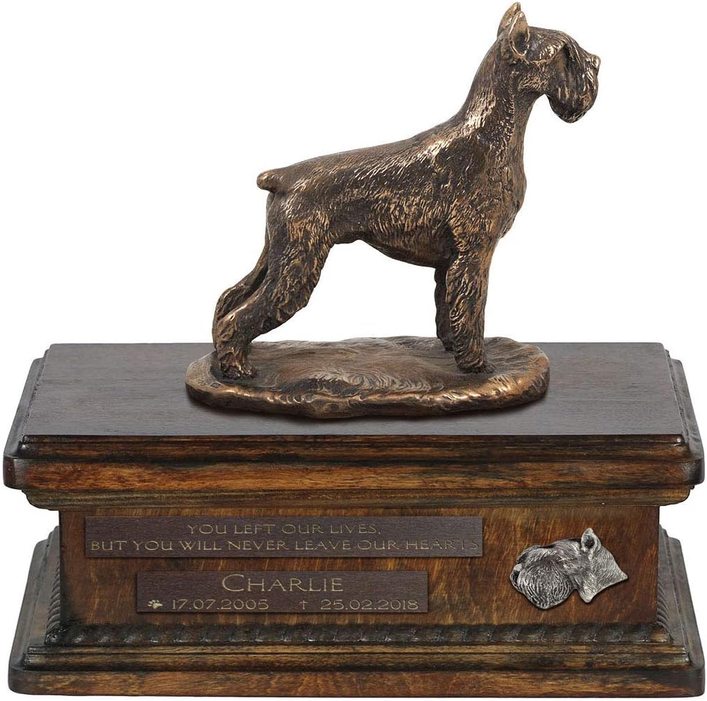 Art-Dog Custom Dog Sitting Statue Memorial Urn - Handmade Cold Cast Bronze on Birch Base – Sturdy and Stylish Urn for Dog’s Ashes – 8.3x11.4x8.7 – 5l – Schnauzer