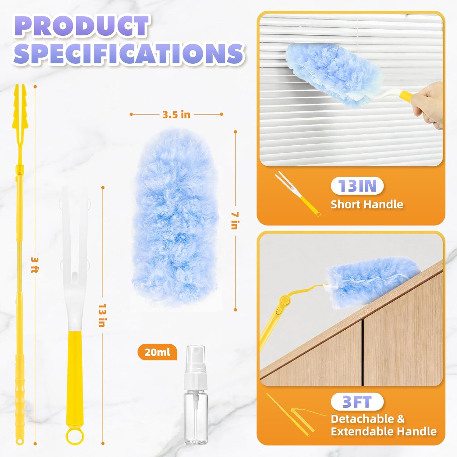 60 PCS Duster Refills for Swiffer Duster, 360 Heavy Duty Duster Refills with 3 FT Extended Handle and Short Handle, Disposable Dusters for Cleaning Ceiling Fan, Blinds, Vent, Furniture