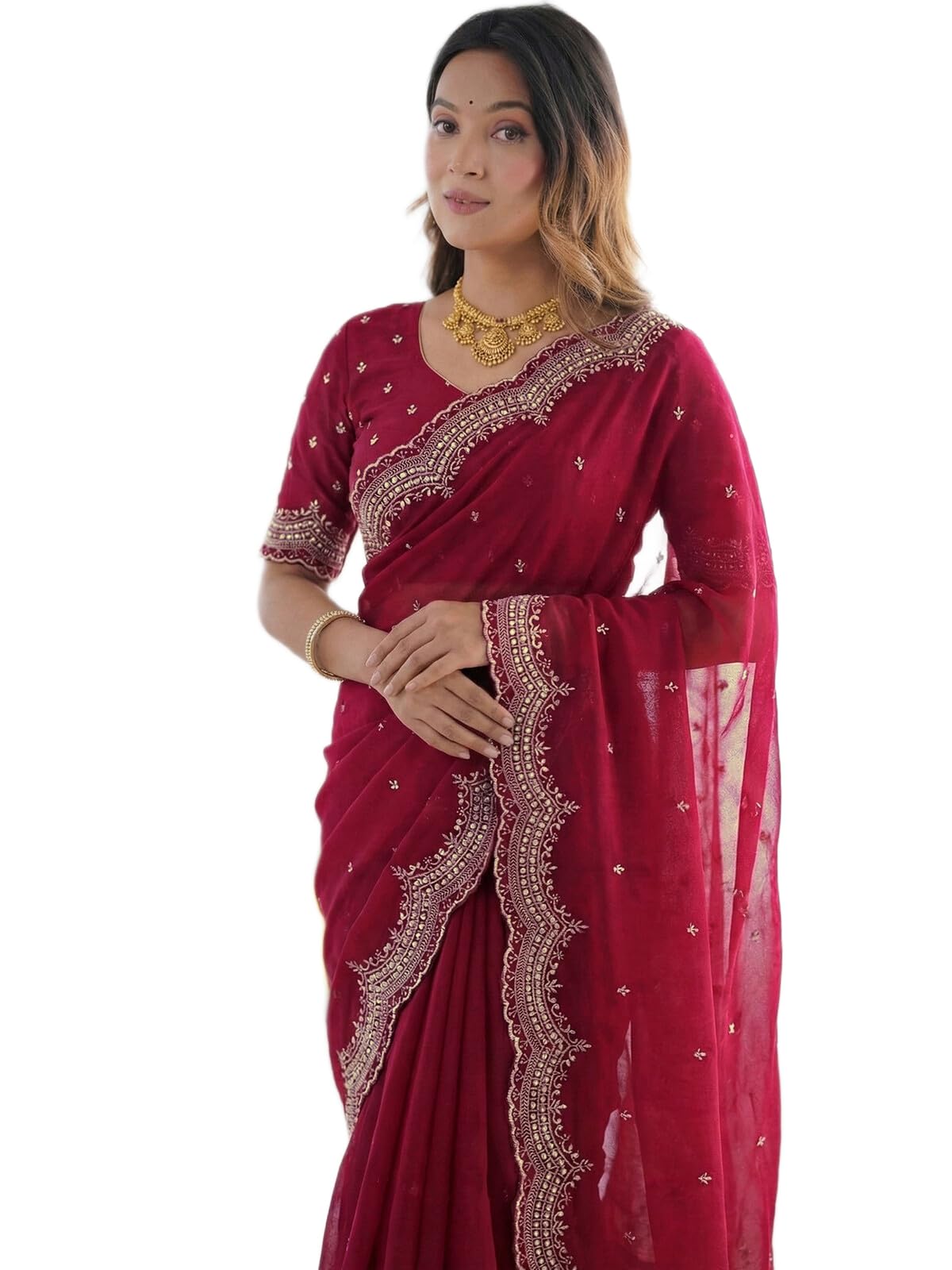 satrani Women's Shimmer Georgette Embroidery With Pearl Work & Scalloped Border Saree with Unstitched Blouse Piece-picture-17