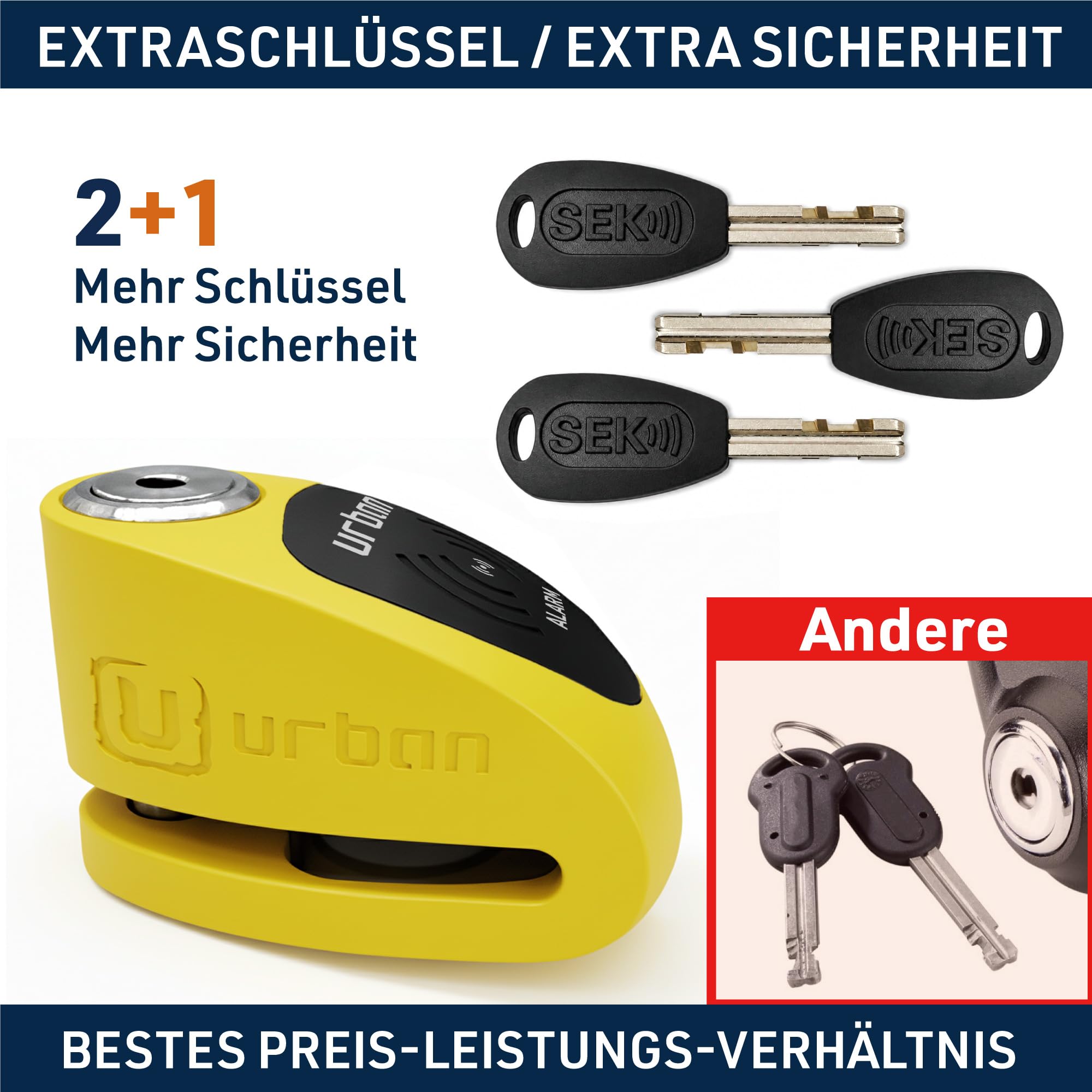 URBAN UR910Y Bremsscheibenschloss mit Alarm 120dB ON/OFF, Gelb+Schwarz Edelstahl lackiert +Abschreckend, SRA & Sold Secure Gold Zertifiziert, Doppelverriegelung Ø10 mm, Motorrad Schloss für Scooter