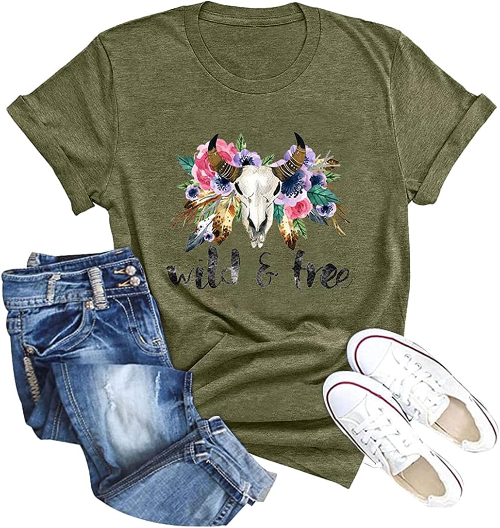 Women Wild Free T-Shirt Floral Cow Print Shirt Funny Cowgirl Graphic Tee Casual Short Sleeve Top