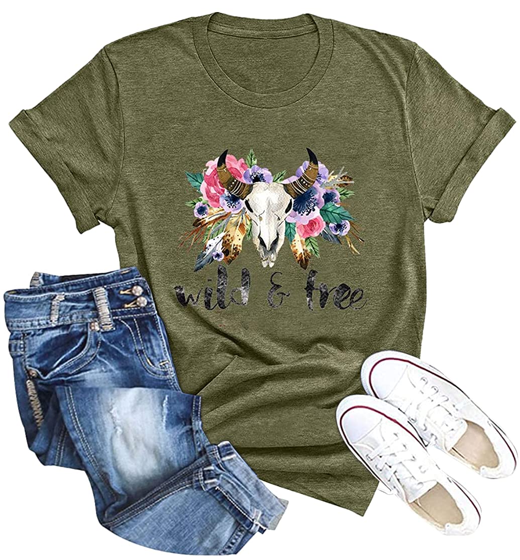 Women Wild Free T-Shirt Floral Cow Print Shirt Funny Cowgirl Graphic Tee Casual Short Sleeve Top