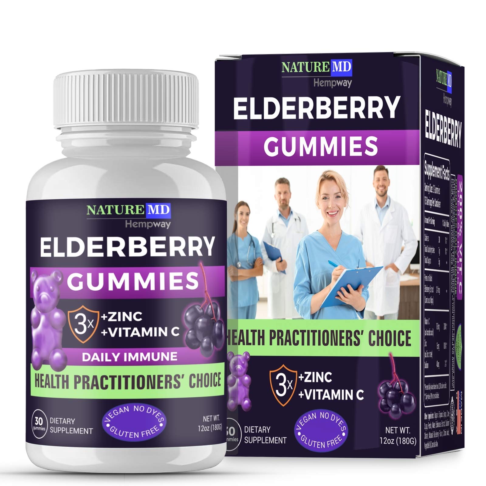 Elderberry Gummies | Supports Immune System| Triple Action with 200% Vitamin C & Zinc | for Adults & Kids | All Natural No Fructose, No Corn Syrup | Made in USA | 30 ct Vegan